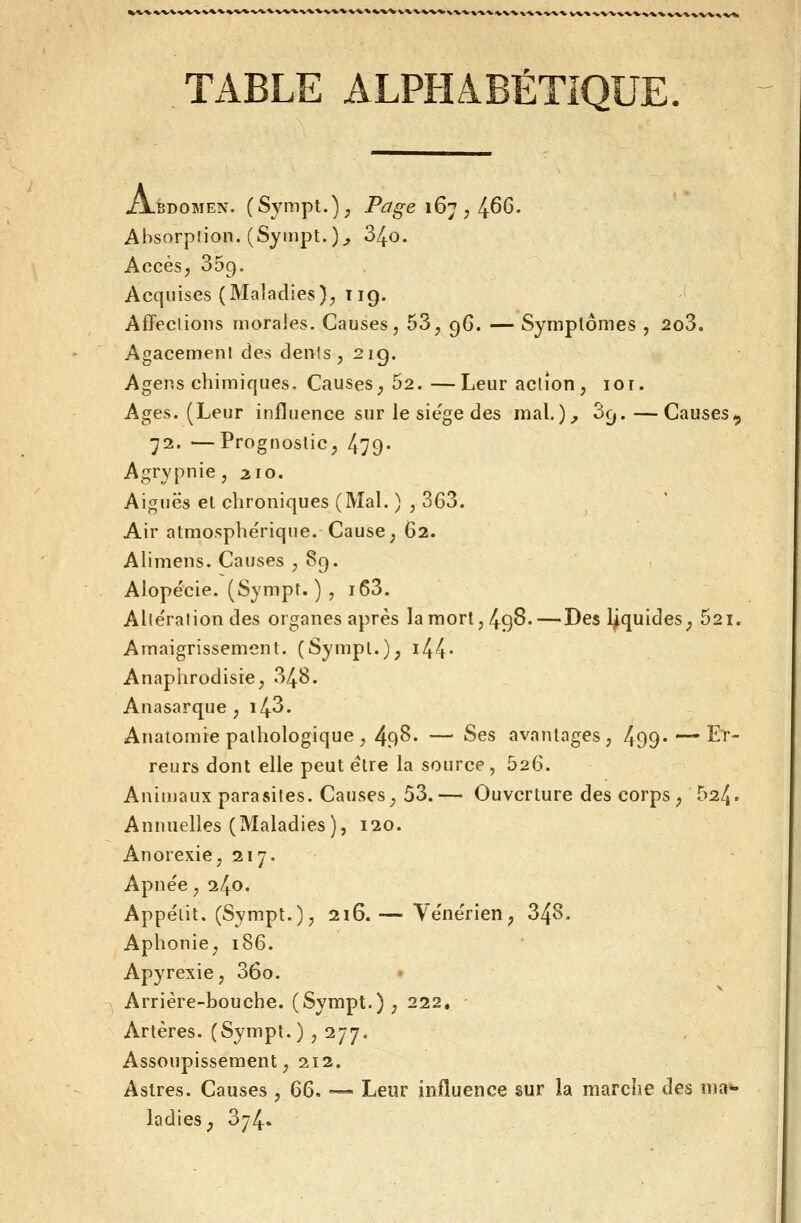 ^**^V%^*'V^>Wv**-*W»-V*v^* w%%%/v%^^^ kV*^»*'^ TABLE ALPHABÉTIQUE. zjlbdomen. (Sympt.), Pûge 16] ,/^66. Absorption. (Syiiipt.)^ 34o. Accès, 359. Acquises (Maladies), iig. Affeclions nioraJes. Causes, 53, 9G. — Symplômes , 2o3, Agacement des dents, 21g. Agens chimiques. Causes, 62. —Leur action, iot. Ages. (Leur influence sur le siège des mal.)^ S^.—Causes^ 72. —Prognoslic, 479- Agrypnie, 210. Aiguës el chroniques (MaL ) , 363. Air atmosphérique. Cause, 62. Ahmens. Causes ,89. Alopécie. (Sympt. ) , i63. Altération des organes après la mort, 498.—Des liquides; 52i. Amaigrissement. (Sympl.), i44' Anaphrodisie, 348. Anasarque , i43. Anatomie pathologique , 498. — Ses avantages, 499*  Er- reurs dont elle peut être la source, 526. Animaux parasites. Causes, 53.— Ouverture des corps, 524- Annuelles (Maladies), 120. Anorexie, 217. Apnée, 240. Appétit. (Sympt.), 2i6.— Vénérien, 348. Aphonie, 186. Apyrexie, 36o. Arrière-bouche. (Sympt.), 222, Artères. (Sympt.) , 277. Assoupissement, 212. Astres. Causes , 66, — Leur influence sur la marche des ma»- iadies, 374.