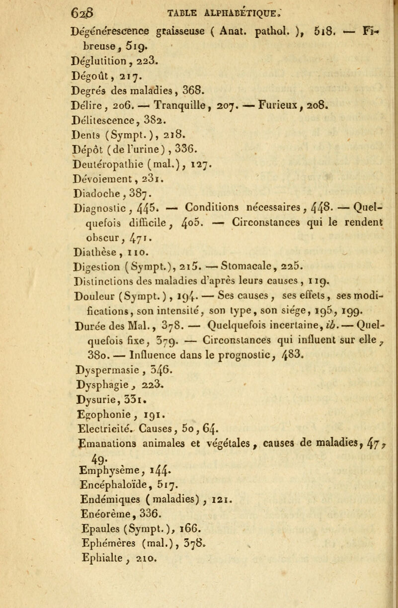 Dégénérescence gtaia&euse ( Auat. pathol. ), 5i8. «— Fi-« breuse^ 619. Déglutition, 228. Dégoût ,217. Degrés des maladies, 368. Délire, 206. — Tranquille, 207. — Furieux, 208. Délitescence, 882. Dents (Sympt. ), 2ï8. Dépôt (de Turine), 336. Deutéropathie(mal,), 127. Dévoiement, 23i. Diadoche, 387. Diagnostic , 44^* ■ Conditions nécessaires , 44^- — Quel- quefois difficile, ^00. — Circonstances qui le rendent obscur, 47'' Dialhèse ,110. Digestion (Sympt.), 2i5». —Stomacale, 225. Distinctions des maladies d'après leurs causes , 119. Douleur (Sympt. ), 194- — Ses causes , ses effets, ses modi- fications, son intensité, son type, son siège, igô, 199. Durée des Mal., 878. — Quelquefois incertaine, ib. — Quel- quefois fixe, 379. — Circonstances qui influent sur elle ;y 38o. — Influence dans le prognoslic, 4^^» Dyspermasie , 546. Dyspbagie ^ 228* Dysurie, 33i, Egophonie, 191. Electricité. Causes, 5o, 64. Jlmanationa animales et végétales, causes de maladies, 47^ 49- Emphysème, i44» Encéphaloïde, 617. Endémiques (maladies), 121. Enéorème, 836. Epaules (Sympt.), ï66. Ephémères (mal.), 378» Ephialle ,210.