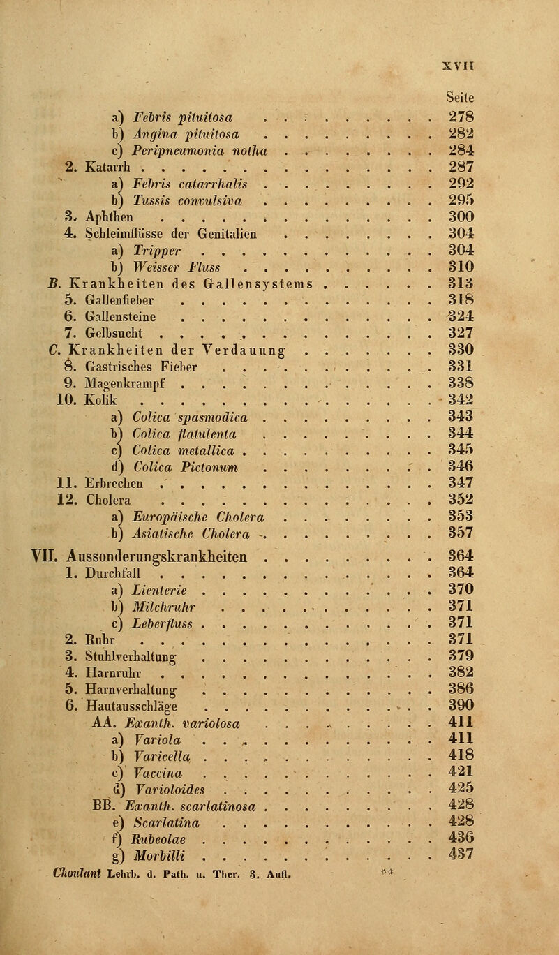 Seite a) Febris pituüosa . . : 278 b) Angina pituüosa 282 c) Peripneumonia notha . 284 2. Katarrh 287 a) Febris catarrhalis 292 b) Tussis convulsiva . 295 3. Aphthen . 300 4. Schleimflüsse der Genitalien 304 a) Tripper 304 b) Weisser Fluss 310 B. Krankheiten des Gallensystems 313 5. Gallenfieber 318 6. Gallensteine -324 7. Gelbsucht . . . .327 C. Krankheiten der Verdauung 330 8. Gastrisches Fieber . . . ■•. . . / 331 9. Magenkrampf ......... 338 10. Kolik 342 a) Colica spasmodica 343 b) Colica flatulenta ......... 344 c) Colica metallica 345 d) Colica Pictonum .' . ' 346 11. Erbrechen 347 12. Cholera 352 a) Europäische Cholera . 353 b) Asiatische Cholera 357 VII. Aussonderungskrankheiten 364 1. Durchfall . 364 a) Lienterie '..,-. 370 b) Milchruhr '. . 371 c) Leberfluss . . . . . 371 2. Ruhr . 371 3. Stuhlverhaltung 379 4. Harnruhr 382 5. Harnverhaltung 386 6. Hautausschläge 390 AA. Exanth. variolosa 411 a) Variola 411 b) Varicella, 418 c) Vaccina .....* 421 d) Varioloides 425 BB. Exanth. scarlatinosa ' . 428 e) Scarlatina 428 f) Rubeolae 436 g) Morbilli '. 437 Clwulant Lehrb. d. Path. u. Thcr. 3. Aufl. *J^