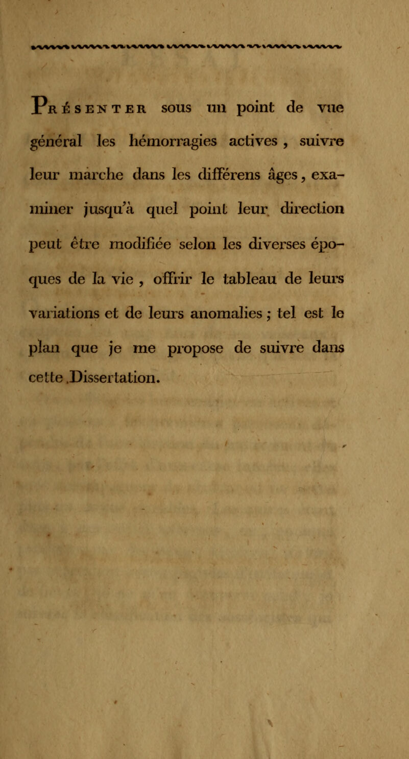 Présenter sous un point de vue général les hémorragies actives , suivre leur marche dans les différens âges, exa- miner jusqu'à quel point leur direction peut être modifiée selon les diverses épo- ques de la vie , offrir le tableau de leurs variations et de leurs anomalies ; tel est le plan que je me propose de suivre dans cette .Dissertation.