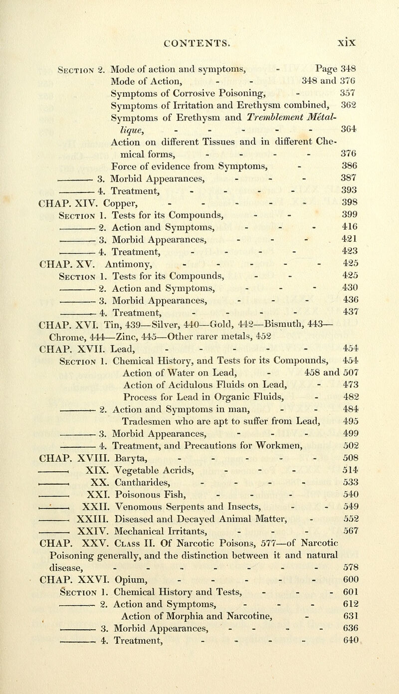 Section 2. Mode of action and symptoms, - Page 348 Mode of Action, - - 348 and 376 Symptoms of Corrosive Poisoning, - 357 Symptoms of Irritation and Erethysm combined, 362 Symptoms of Erethysm and Tremblement Metal- lique, __--- 364 Action on different Tissues and in different Che- mical forms, - 376 Force of evidence from Symptoms, - 386 i - 3. Morbid Appearances, - 387 -4. Treatment, - 393 CHAP. XIV. Copper, 398 Section 1. Tests for its Compounds, - - 399 2. Action and Symptoms, - - - 416 i 3. Morbid Appearances, - - - 421 . 4. Treatment, - 423 CHAP. XV. Antimony, ... - - 425 Section 1. Tests for its Compounds, - - 425 2. Action and Symptoms, - - - 430 3. Morbid Appearances, - 436 -4. Treatment, - 437 CHAP. XVI. Tin, 439—Silver, 440—Gold, 442—Bismuth, 443— Chrome, 444—Zinc, 445—Other rarer metals, 452 CHAP. XVII. Lead, ... - - 454 Section 1. Chemical History, and Tests for its Compounds, 454 Action of Water on Lead, - 458 and 507 Action of Acidulous Fluids on Lead, - 473 Process for Lead in Organic Fluids, - 482 i 2. Action and Symptoms in man, - - 484 Tradesmen who are apt to suffer from Lead, 495 3. Morbid Appearances, - 499 4. Treatment, and Precautions for Workmen, 502 CHAP. XVIII. Baryta, ----- 508 , XIX. Vegetable Acrids, - - - 514 • . XX. Cantharides, ... - 533 , XXI. Poisonous Fish, ... 540 i—' 1 XXII. Venomous Serpents and Insects, - - 549 1 XXIII. Diseased and Decayed Animal Matter, - 552 XXIV. Mechanical Irritants, - - - 567 CHAP. XXV. Class II. Of Narcotic Poisons, 577—of Narcotic Poisoning generally, and the distinction between it and natural disease, - - - - - - - 578 CHAP. XXVI. Opium, 600 Section 1. Chemical History and Tests, - - - 601 2. Action and Symptoms, - - - 612 Action of Morphia and Narcotine, - 631 i 3. Morbid Appearances, ' - - - - 636 — 4. Treatment, - 640