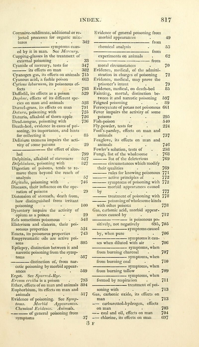 342 33 347 382 Corrosive-sublimate, additional or re- jected processes for organic mix tures . symptoms caus- ed by it in man. See Mercury. Cupping-glasses in the treatment of external poisoning Cyanide of mercury, tests for its effects on man Cyanogen gas, its effects on animals 715 Cyanous acid, a feeble poison 683 Cytisus laburnum, its poisonous ef- fects Daffodil, its effects as a poison Daphne, effects of its different spe- cies on man and animals Darnel-grass, its effects on man Datura, poisoning with Daturia, alkaloid of thorn-apple Dead-tongue, poisoning with Death-bed, evidence in cases of poi- soning, its importance, and hints for collecting it Delirium tremens impairs the acti- vity of some poisons the effect of alco- 793 529 528 791 725 72G 736 85 29 hoi 799 527 527 Delphinia, alkaloid of stavesacre Delphinium, poisoning with Digestion of poisons, tends to re- move them beyond the reach of analysis Digitalis, poisoning with Diseases, their influence on the ope- ration of poisons Distension of stomach, death from, how distinguished from irritant poisoning Dysentery impairs the activity of opium as a poison Eels sometimes poisonous Elaterium and elaterin. their poi- sonous properties Emeta, its poisonous properties Empyreumatic oils are active poi- sons Epilepsy, distinction between it and narcotic poisoning from the symp- toms — distinction of, from nar- cotic poisoning by morbid appear- ances Ergot. See Spurred-Rye. Ervum ervilia is a poison Ether, effects of on man and animals 804 Euphorbium, its effects on man and animals Evidence of poisoning. See Symp- toms. Morbid Appearances. Chemical Evidence. Animals. — of general poisoning from symptoms 100 29 548 524 743 805 587 589 793 517 37 Evidence of general poisoning from morbid appearances from chemical analysis from experiments on animals from 49 53 62 70 moral circumstances Evidence, medical, of the admini- stration in charges of poisoning Evidence, medical, may prove the prisoner's intent Evidence, medical, on death-bed Fainting, mortal, distinction be- tween it and narcotic poisoning Feigned poisoning Ferrocyanate of potass not poisonous 661 Fever impairs the activity of some poisons Fish-poison Fly.powder, tests for Fool's-parsley, effects on man and animals Foxglove, its effects on man and animals Fowler's solution, tests of Fungi, list of the wholesome list of the deleterious circumstances which modify their qualities rules for knowing poisonous 771 57 active principles of . 772 746 symptoms of poisoning with 772 morbid appearances caused 29 by . . _. 777 treatment of poisoning with 778 poisoning of wholesome kinds with other poisons . 778 Gas, carbonic acid, morbid appear- ances caused by . 712 — is poisonous po- sitively, not negatively 695, 705 symptoms caused 79 85 597 89 295 540 224 737 746 258 768 769 769 by, when pure symptoms it cau- ses when diluted with air symptoms, when from burning charcoal symptoms, when from burning coal symptoms, when from burning tallow symptoms, when formed by respiration ■ treatment of poi- 3 soning with Gas, carbonic oxide, its effects on man carburetted-hydrogen, effects on man coal and oil, effects on man chlorine, its effects on man F 706 706 707 710 709 711 713 713 703 704 697