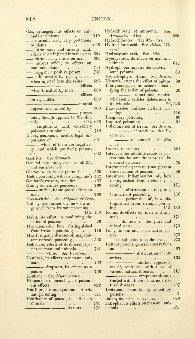 Gas, cyanogen, its effects on ani- mals and plants . 715 muriatic acid, very poisonous to plants . . 698 nitric oxide and nitrous acid, effects when injected into the veins 694 nitrous acid, effects on man 695 nitrous oxide, its effects on man and plants . . 714 oxygen, a positive poison 716 —- sulphuretted-hydrogen, effects when injected into the veins 693 ————— — effects when breathed by man on vegetables 698 effects 698 • morbid appearances caused by 700 proves fatal, though applied to the skin only . . 694, 698 sulphurous acid, extremely poisonous to plants . 710 Gases, poisonous, medico-legal im- portance of . . 691 which of them are negative- ly, and which positively poison- ous . . 692 Gastritis. See Stomach. General poisoning, evidence of, 35, and see Evidence. Glass-powder, is it a poison ? 569 Gold, poisoning with its compounds 442 Goulard's extract, tests for 457 Grain, sometimes poisonous 780 unripe, its supposed effects on man . . -789 Green-vitriol. See Sulphate of Iron. Gullet, perforation of, how distin- guished from irritant poisoning 115, 130 Habit, its effect in modifying the action of poisons . . 26 Hsematemesis, how distinguished from irritant poisoning . 116 Heart, organic diseases of, may imi- tate narcotic poisoning . 598 Hellebore, effects of its different spe- cies on man and animals 741 . white. See Veratrum. Hemlock, its effects on man and ani- mals dropwort, its effects as a 733 736 poison Henbane. See Hyoscyamus. Hippomane mancinella, its poison- ous effects . . 522 Hot liquids cause symptoms of irri- tant poisoning . . 571 Hydriodate of potass, its effect on animals . , . 178 —————— i its tests 175 Hydrochlorate of ammonia. See Ammonia. Also . 220 Hydrochlorates. See Muriates. Hydrochloric acid. See Acids, Mi- neral. Hydrocyanic acid. See Acid. Hyoscyamus, its effects on man and animals . . 647 Hydrophobia impairs the activity of some poisons . . 30 Hypertrophy of Brain. See Brain. Hysteria lessens the effect of opium 30 Idiosyncrasy, its influence in modi- fying the action of poisons . 26 sometimes renders wholesome articles deleterious to individuals . 26, 545 Iliac-passion imitates irritant poi- soning . . 116 Imaginary poisoning . 88 Imputed poisoning . . 91 Inflammation of Brain. See Brain. ■- of intestines. See In- testines. — of stomach. See Sto- mach. Insects, poisonous Intent in the administration of poi- son may be sometimes proved by medical evidence Interment for years may not prevent the detection of poisons Intestines, inflammation of, how distinguished from irritant poi- soning obstruction of may imi- tate irritant poisoning perforation of, how dis- tinguished from irritant poison- ing . . 115, Iodine, its effects on man and ani- mals —— its tests in the pure and mixed state Iron, its muriate is an active poi- son its sulphate, a feeble poison Irritant poisons, general observations orders -- distribution of into morbid appearan- ces of, contrasted with those of various natural diseases. symptoms of, con- trasted with those of various na- tural diseases Irritation, examples of, caused by poisons Jalap, its effects as a poison Jatropha, its effects on man and ani- mals 551 79 59 111 116 130 171 170 573 573 97 132 117 97 2 529 521