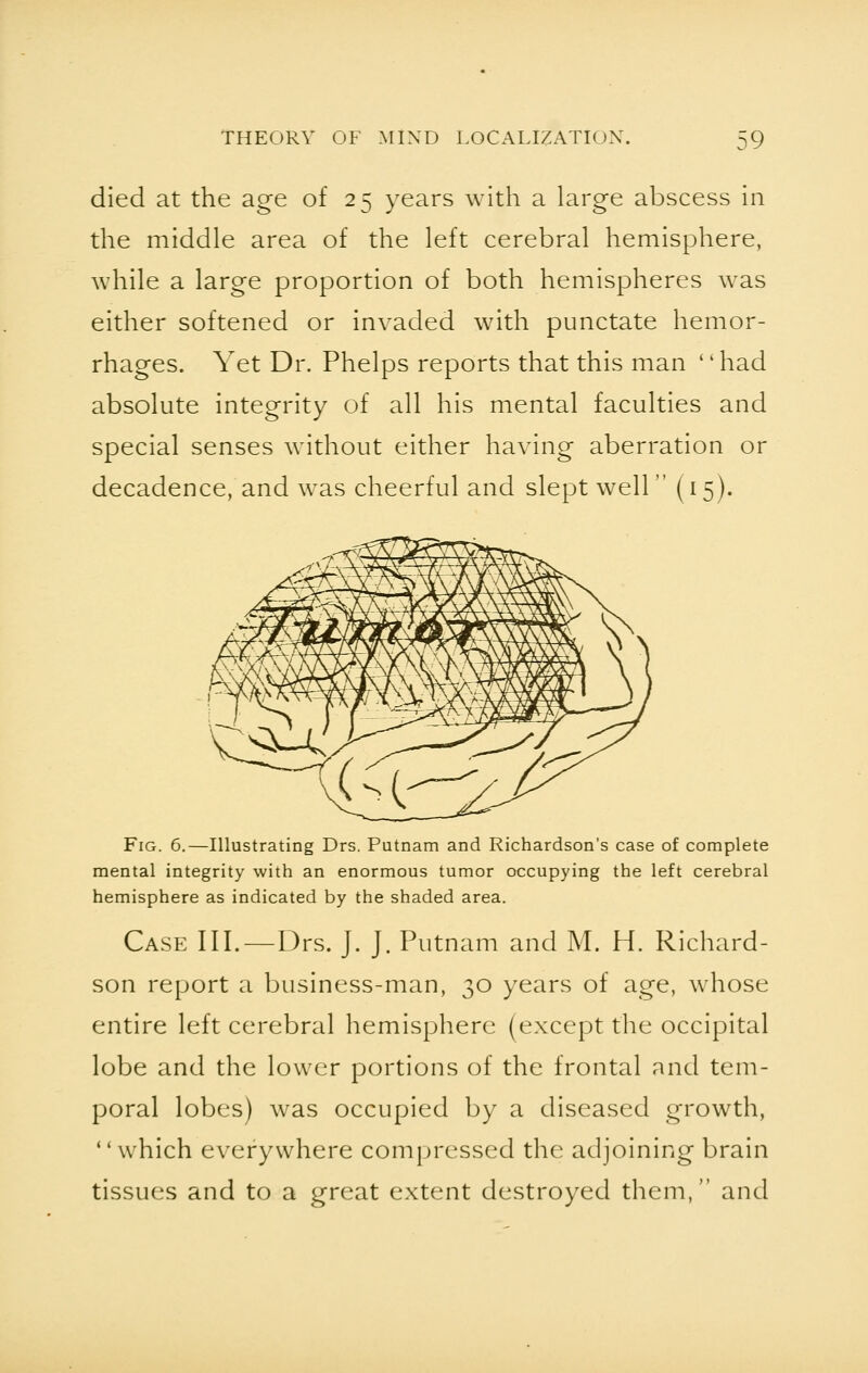 died at the age of 25 years with a large abscess in the middle area of the left cerebral hemisphere, while a large proportion of both hemispheres was either softened or invaded with punctate hemor- rhages. Yet Dr. Phelps reports that this man had absolute integrity of all his mental faculties and special senses without either having aberration or decadence, and was cheerful and slept well (15). Fig. 6.—Illustrating Drs. Putnam and Richardson's case of complete mental integrity with an enormous tumor occupying the left cerebral hemisphere as indicated by the shaded area. Case III.—Drs. J. J. Putnam and M. H. Richard- son report a business-man, 30 years of age, whose entire left cerebral hemisphere (except the occipital lobe and the lower portions of the frontal and tem- poral lobes) was occupied by a diseased growth, which everywhere compressed the adjoining brain tissues and to a great extent destroyed them, and