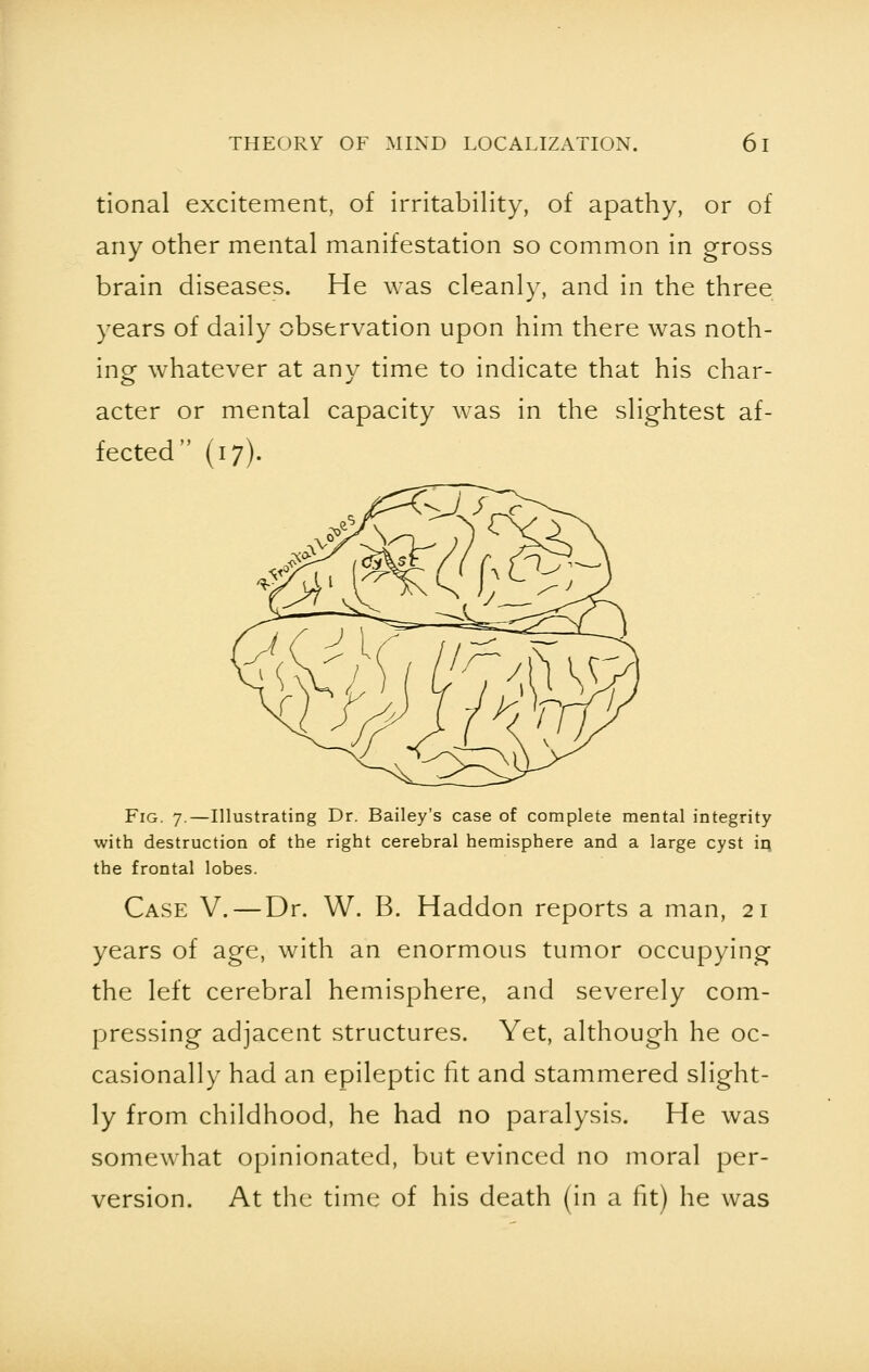 tional excitement, of irritability, of apathy, or of any other mental manifestation so common in gross brain diseases. He was cleanly, and in the three years of daily observation upon him there was noth- ing whatever at any time to indicate that his char- acter or mental capacity was in the slightest af- fected (17). Fig. 7.—Illustrating Dr. Bailey's case of complete mental integrity with destruction of the right cerebral hemisphere and a large cyst in. the frontal lobes. Case V. — Dr. W. B. Haddon reports a man, 21 years of age, with an enormous tumor occupying the left cerebral hemisphere, and severely com- pressing adjacent structures. Yet, although he oc- casionally had an epileptic fit and stammered slight- ly from childhood, he had no paralysis. He was somewhat opinionated, but evinced no moral per- version. At the time of his death (in a fit) he was