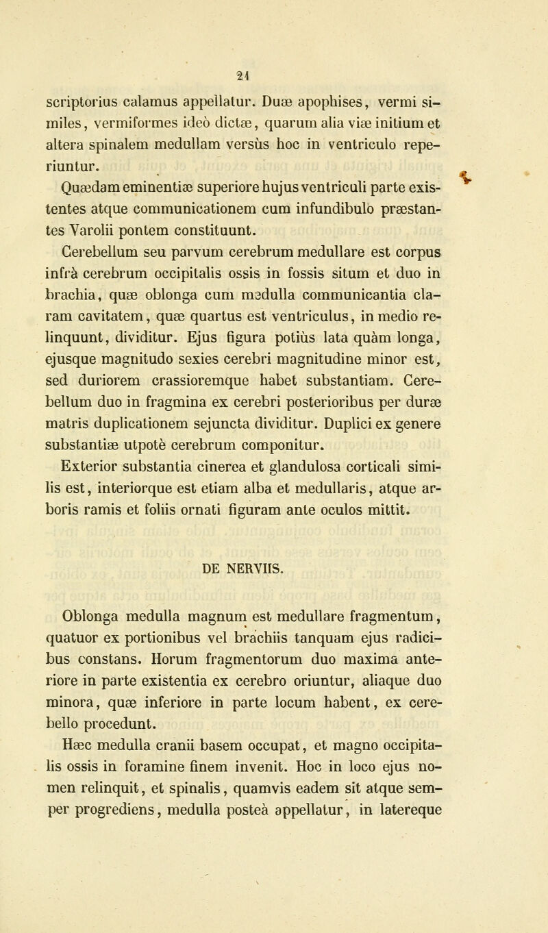 24 scriptoi ius calamus appellatur. Duse apophises, vermi si- miles, vermiformes ideo dictse, quarum alia vise initium et altera spinalem meduUam versiis hoc in ventriculo repe- riuntur. Qua^dam eminentise superiorehujusventriculi parte exis- tentes atque communicationem cum infundibulo prsestan- tes Varolii pontem constituunt. Gerebelium seu parvum cerebrum medullare est corpus infra cerebrum occipitalis ossis in fossis situm et duo in brachia, quse oblonga cum madulla communicantia cla- ram cavitatem, quse quartus est ventriculus, in medio re- linquunt, dividitur. Ejus figura potiiis lata quam longa, ejusque magnitudo sexies cerebri magnitudine minor est, sed duriorem crassioremque habet substantiam. Gere- bellum duo in fragmina ex cerebri posterioribus per durse matris duplicationem sejuncta dividitur. Duplici ex genere substantiae utpote cerebrum componitur. Exterior substantia cinerea et glandulosa corticali simi- Hs est, interiorque est etiam alba et meduUaris, atque ar- boris ramis et foUis ornati figuram ante oculos mittit. DE NERVIIS. Oblonga meduUa magnum est medullare fragmentum, quatuor ex portionibus vel brachiis tanquam ejus radici- bus constans. Horum fragmentorum duo maxima ante- riore in parte existentia ex cerebro oriuntur, aliaque duo minora, quse inferiore in parte locum habent, ex cere- bello procedunt. Haec meduUa cranii basem occupat, et magno occipita- hs ossis in foramine finem invenit. Hoc in loco ejus no- men relinquit, et spinalis, quamvis eadem sit atque sem- per progrediens, medulla postea appellatur, in latereque