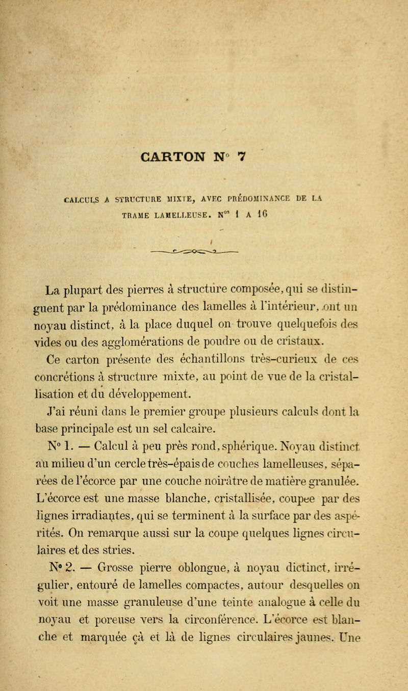 CALCULS A STRUCTURE MIXTE, AVEC PRÉDOMINANCE DE LA TRAME LAMELLEUSE. N0' I A 16 La plupart des pierres à structure composée, qui se distin- guent par la prédominance des lamelles à l'intérieur, ont un noyau distinct, à la place duquel on trouve quelquefois des vides ou des agglomérations de poudre ou de cristaux. Ce carton présente des échantillons très-curieux de ces concrétions à structure mixte, au point de vue de la cristal- lisation et du développement. J'ai réuni dans le premier groupe plusieurs calculs dont la base principale est un sel calcaire. N° 1. — Calcul à peu près rond,sphérique. NojTau distinct au milieu d'un cercle très-épais de couches lamelleuses, sépa- rées de l'écorce par une couche noirâtre de matière granulée. L'écorce est une masse blanche, cristallisée, coupée par des lignes irradiantes, qui se terminent à la surface par des aspé- rités. On remarque aussi sur la coupe quelques lignes circu- laires et des stries. N° 2. — Grosse pierre oblongue, à noyau dictinct, irré- gulier, entouré de lamelles compactes, autour desquelles on voit une masse granuleuse d'une teinte analogue à celle du noyau et poreuse vers la circonférence. L'écorce est blan- che et marquée çà et là de lignes circulaires jaunes. Une