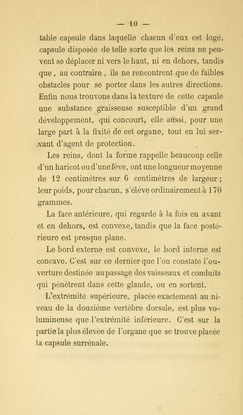 table capsule dans laquelle chacun d'eux est logé, capsule disposée de telle sorte que les reins ne peu- vent se déplacer ni vers le haut, ni en dehors, tandis que, au contraire , ils ne rencontrent que de faibles obstacles pour se porter dans les autres directions. Enfin nous trouvons dans la texture de cette capsule une substance graisseuse susceptible d'un grand développement, qui concourt, elle aussi, pour une large part à la fixité de cet organe, tout en lui ser- .vant d'agent de protection. Les reins, dont la forme rappelle beaucoup celle d'un haricot ou d'une fève, ont une longueur moyenne de 12 centimètres sur 6 centimètres de largeur; leur poids, pour chacun, s'élève ordinairement à 170 grammes. La face antérieure, qui regarde à la fois en avant et en dehors, est convexe, tandis que la face posté- rieure est presque plane. Le bord externe est convexe, le bord interne est concave. C'est sur ce dernier que l'on constate l'ou- verture destinée au passage des vaisseaux et conduits qui pénètrent dans cette glande, ou en sortent. L'extrémité supérieure, placée exactement au ni- veau de la douzième vertèbre dorsale, est plus vo- lumineuse que l'extrémité inférieure. C'est sur la partie la plus élevée de l'organe que se trouve placée la capsule surrénale.