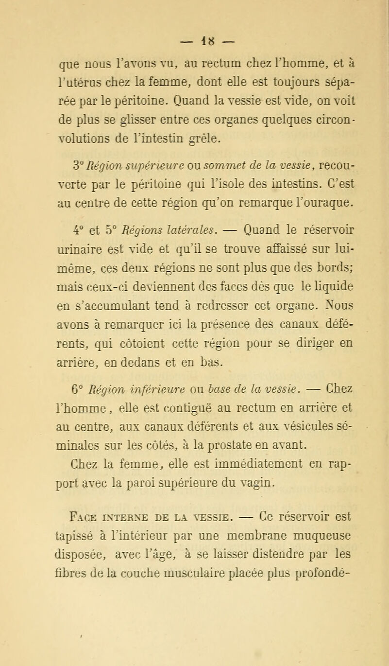 — 48 — que nous l'avons vu, au rectum chez l'homme, et à l'utérus chez la femme, dont elle est toujours sépa- rée par le péritoine. Quand la vessie est vide, on voit de plus se glisser entre ces organes quelques circon - volutions de l'intestin grêle. 3°Région supérieure on sommet de la vessie, recou- verte par le péritoine qui l'isole des intestins. C'est au centre de cette région qu'on remarque l'ouraque. 4° et 5° Régions latérales. — Quand le réservoir urinaire est vide et qu'il se trouve affaissé sur lui- même, ces deux régions ne sont plus que des bords; mais ceux-ci deviennent des faces dès que le liquide en s'accumulant tend à redresser cet organe. Nous avons à remarquer ici la présence des canaux défé- rents, qui côtoient cette région pour se diriger en arrière, en dedans et en bas. 6° Région inférieure ou base de la vessie. — Chez l'homme, elle est contiguë au rectum en arrière et au centre, aux canaux déférents et aux vésicules sé- minales sur les côtés, à la prostate en avant. Chez la femme, elle est immédiatement en rap- port avec la paroi supérieure du vagin. Face interne de la vessie. — Ce réservoir est tapissé à l'intérieur par une membrane muqueuse disposée, avec l'âge, à se laisser distendre par les fibres de la couche musculaire placée plus profondé-