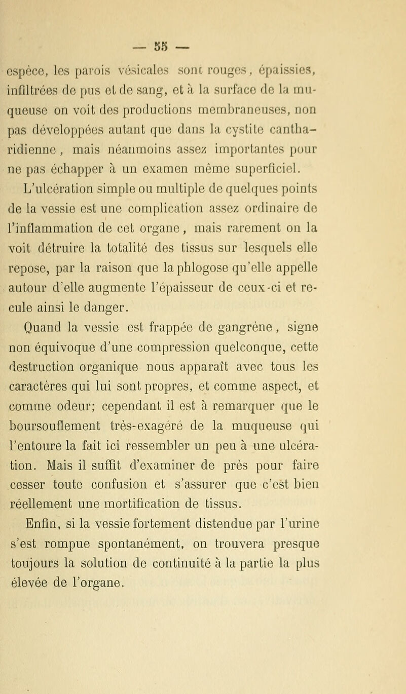 espèce, Les parois vésicales sont rouges, épaissies, infiltrées de pus et de sang, et à la surface de la mu- queuse on voit des productions membraneuses, non pas développées autant que dans la cystite cantha- ridienne, mais néanmoins assez importantes pour ne pas échapper à un examen même superficiel. L'ulcération simple ou multiple de quelques points de la vessie est une complication assez ordinaire de l'inflammation de cet organe, mais rarement on la voit détruire la totalité des tissus sur lesquels elle repose, par la raison que laphlogose qu'elle appelle autour d'elle augmente l'épaisseur de ceux-ci et re- cule ainsi le danger. Quand la vessie est frappée de gangrène, signe non équivoque d'une compression quelconque, cette destruction organique nous apparaît avec tous les caractères qui lui sont propres, et comme aspect, et comme odeur; cependant il est à remarquer que le boursouflement très-exagéré de la muqueuse qui l'entoure la fait ici ressembler un peu à une ulcéra- tion. Mais il suffit d'examiner de près pour faire cesser toute confusion et s'assurer que c'est bien réellement une mortification de tissus. Enfin, si la vessie fortement distendue par l'urine s'est rompue spontanément, on trouvera presque toujours la solution de continuité à la partie la plus élevée de l'organe.