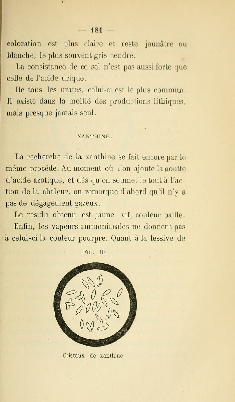 coloration est plus claire et reste jaunâtre, ou blanche, le plus souvent gris cendré. La consistance de ce sel n'est pas aussi forte que celle de l'acide urique. De tous les urates, celui-ci est le plus commun. 11 existe dans la moitié des productions lithiques, mais presque jamais seul. XANTHINE. La recherche de la xanthine se fait encore par le même procédé. Au moment où l'on ajoute la goutte d'acide azotique, et dès qu'on soumet le tout à l'ac- tion de la chaleur, on remarque d'abord qu'il n'y a pas de dégagement gazeux. Le résidu obtenu est jaune vif, couleur paille. Enfin, les vapeurs ammoniacales ne donnent pas à celui-ci la couleur pourpre. Quant à la lessive de Fig. 30. Cristaux de xanthine.
