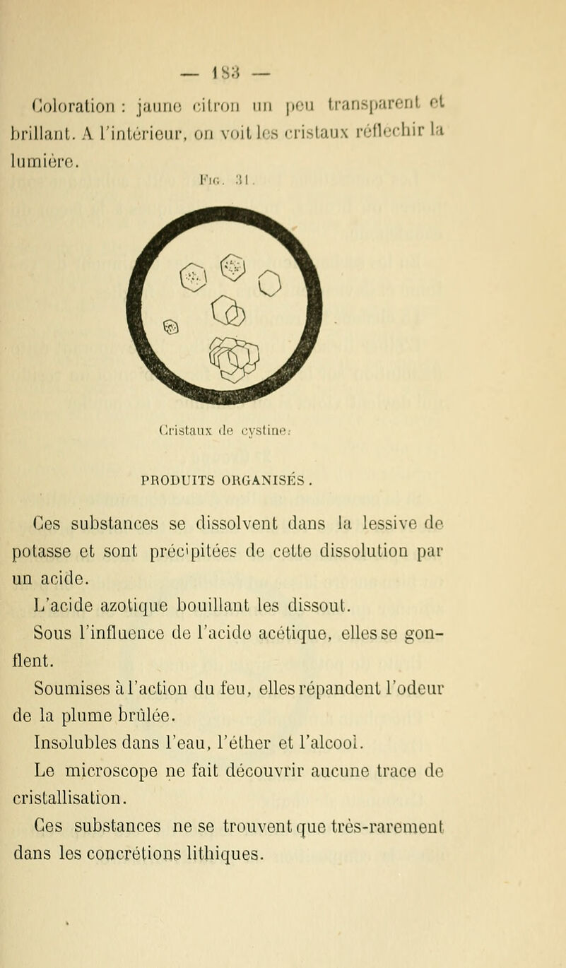 Coloration : jaune citron un peu fcransparenl et brillant. A L'intérieur, on voit lea cristaux réfléchir la lumière. PlG. 31 Cristaux de cvstine PRODUITS ORGANISES . Ces substances se dissolvent dans la lessive de potasse et sont précipitées de cette dissolution par un acide. L'acide azotique bouillant les dissout. Sous l'influence de l'acide acétique, elles se gon- flent. Soumises à l'action du feu, elles répandent l'odeur de la plume brûlée. Insolubles dans l'eau, l'éther et l'alcool. Le microscope ne fait découvrir aucune trace de cristallisation. Ces substances ne se trouvent que très-rarement dans les concrétions litliiques.
