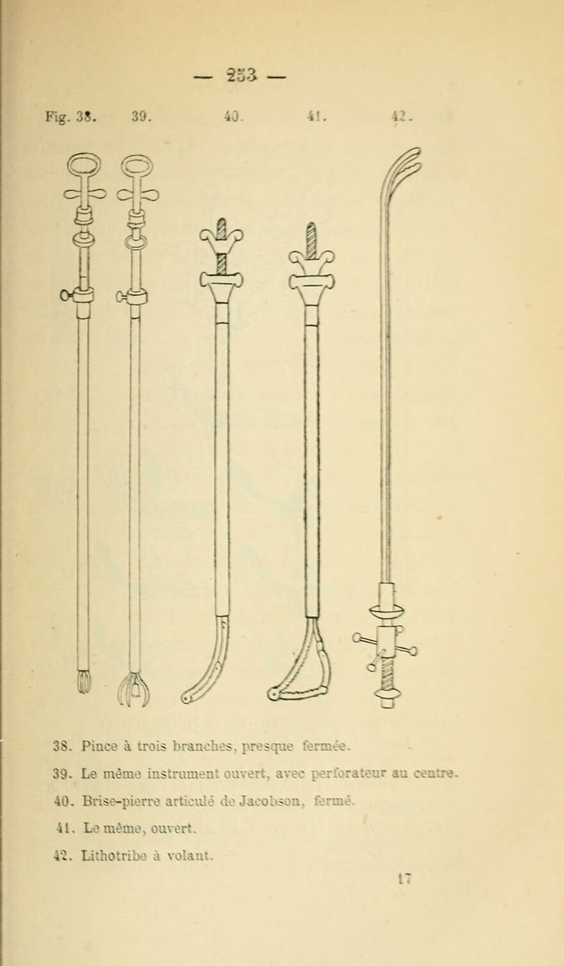 Fig. 38. 30. * -. Z j ■> . 3$. Pince à trois branches pr sque fermée. 39. La même instrument ouvert, av : 40. Bris:-; - .né. il. Lo même, ouvert. 4-i. Lithoti tant. t: