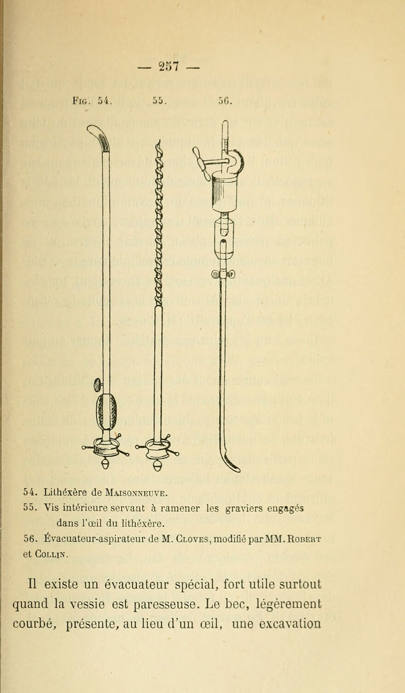 Fig. 54. 55. 56. 54. Lilhéxère de Maisonneuve. 55. Vis intérieure servant à ramener les graviers engagés dans l'œil du lithéxère. 56. Évacuateur-aspirateur de M. Gloves, modifié par MM. Robert et Collin. Il existe un évacuateur spécial, fort utile surtout quand la vessie est paresseuse. Le bec, légèrement courbé, présente, au lieu d'un œil, une excavation