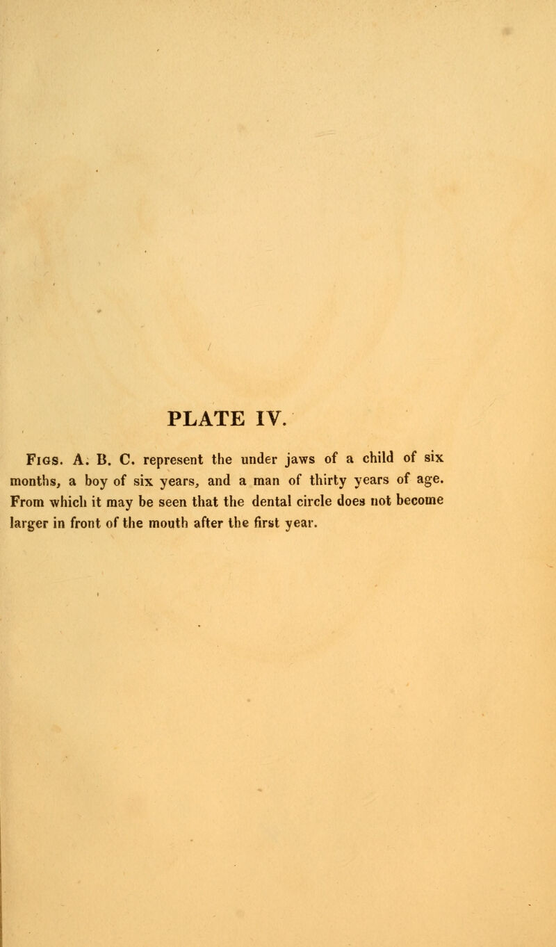 Figs. A. B. C. represent the under jaws of a child of six months, a boy of six years, and a man of thirty years of age. From which it may be seen that the dental circle does not become larger in front of the mouth after the first year.