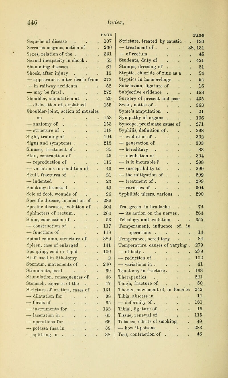Sequelse of disease . 107 Serratus niagnus, action of . 236 Sexes, relation of the . . 331 Sexual incapacity in shock . . 55 Shamming diseases . 61 Shock, after injury 19 — appearances after death froir 272 — in railway accidents 52 — may be fatal . . 272 Shoulder, amputation at 20 — dislocation of, explained . 155 Shoulder-joint, action of muscle ) on ... . 153 — anatomy of . . 153 — structure of . . 118 Sight, training of 194 Signs and symptoms . . 218 Sinuses, treatment of. . 35 Skin, contraction of . 45 — reproduction of 115 — variations in condition of 43 Skull, fractures of 21 — indented 23 Smoking discussed 49 Sole of foot, wounds of 96 Specific disease, incubation of 289 Specific diseases, evolution of 304 Sphincters of rectum . 260 Spine, concussion of . 53 — construction of 117 — functions of . 118 Spinal column, structure of 389 Spleen, case of enlarged 141 Sponging, cold or tepid 100 Staff used in lithotomy 2 Sternum, movements of 240 Stimulants, local 69 Stimulation, consequences of 48 Stomach, caprices of the 47 Stricture of urethra, cases of 131 — dilatation for 38 — forms of . 65 — instruments for 132 — laceration in . 65 — operations for 66 — potassa fusa in 38 — splitting in . 38 PA$E Stricture, treated by caustic 130 — treatment of . . . 38, 131 — of rectum .... 45 Students, duty of 421 Stumps, dressing of . 21 Styptic, chloride of zinc as a 94 Styptics in haemorrhage 94 Subclavian, ligature of 16 Subjective evidence . 198 Surgery of present and past 435 Swan, notice of . 363 Syme's amputation 21 Sympathy of organs . 106 Syncope, proximate cause of 271 Syphilis, definition of. 298 — evolution of . 302 — generation of 303 — hereditary .... 83 — incubation of. 304 — is it incurable ? 298 — susceptibility to . 299 — the mitigation of . 299 — treatment of . 299 — varieties of . 304 Syphilitic ulcers, various 290 Tea, green, in headache 74 — its action on the nerves. 284 Teleology and evolution 355 Temperament, influence of, in operations .... 14 Temperance, hereditary 84 Temperature, causes of varying . 279 — of body ..... 279 — reduction of . 102 — variations in . 41 Tenotomy in fracture. 168 Therapeutics . 221 Thigh, fracture of 50 Thorax, movement of, in females 242 Tibia, abscess in 11 — deformity of . 181 Tibial, ligature of 16 Tissue, renewal of 115 Tobacco, effects of smoking 49 -— how it poisons 283 Toes, contraction of . 46