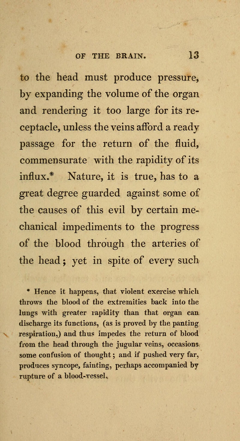 to the head must produce pressure, by expanding the volume of the organ and rendering it too large for its re- ceptacle, unless the veins afford a ready passage for the return of the fluid, commensurate with the rapidity of its influx.* Nature, it is true, has to a great degree guarded against some of the causes of this evil by certain me- chanical impediments to the progress of the blood through the arteries of the head; yet in spite of every such • Hence it happens, that violent exercise which throws the blood of the extremities back into the lungs with greater rapidity than that organ can discharge its functions, (as is proved by the panting respiration.) and thus impedes the return of blood from the head through the jugular veins, occasions some confusion of thought; and if pushed very far, produces syncope, fainting, perhaps accompanied by rupture of a blood-vessel*