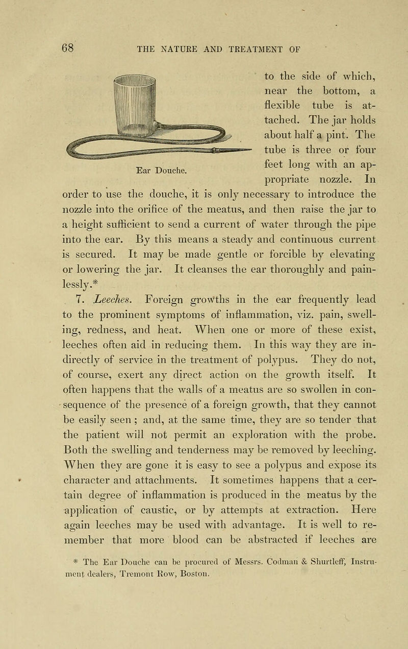 Ear Douche. to the side of which, near the bottom, a flexible tube is at- tached. The jar holds about half a pint. The tube is three or four feet long with an ap- propriate nozzle. In order to use the douche, it is only necessary to introduce the nozzle into the orifice of the meatus, and then raise the jar to a height sufficient to send a current of water through the pipe into the ear. By this means a steady and continuous current is secured. It may be made gentle or forcible by elevating or lowering the jar. It cleanses the ear thoroughly and pain- lessly.* 7. Leeches. Foreign growths in the ear frequently lead to the prominent symptoms of inflammation, viz. pain, swell- ing, redness, and heat. When one or more of these exist, leeches often aid in reducing them. In this way they are in- directly of service in the treatment of polypus. They do not, of course, exert any direct action on the growth itself. It often happens that the walls of a meatus are so swollen in con- sequence of the presence of a foreign growth, that they cannot be easily seen ; and, at the same time, they are so tender that the patient will not permit an exploration with the probe. Both the swelling and tenderness may be removed by leeching. When they are gone it is easy to see a polypus and expose its character and attachments. It sometimes happens that a cer- tain degree of inflammation is produced in the meatus by the application of caustic, or by attempts at extraction. Here again leeches may be used with advantage. It is well to re- member that more blood can be abstracted if leeches are * The Ear Douche can be procured of Messrs. Codman & Shurtleff, Instru- ment dealers, Tremont Row, Boston.