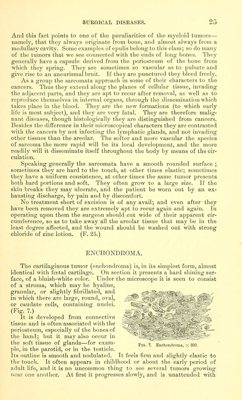 And this fact points to ono of the peculiarities of the myeloid tumors— namely, that they always originate from bone, and almost always from a medullary cavity. Some examples of epulis belong to this class; so do many of the tumors that we see connected with the ends of long bones. They generally have a capsule derived from the periosteum of the bone from which they spring. They are sometimes so vascular as to pulsate and give rise to an aneurismal bruit. If they are jDunctured they bleed freely. As a group the sarcomata approach in some of their characters to the cancers. Thus they extend along the planes of cellular tissue, invading the adjacent parts, and they are apt to recur after removal, as well as to reproduce themselves in internal organs, through the dissemination which takes place in the blood. They are the new formations (to which early life is most subject), and they are very fatal. They are therefore malig- nant diseases, though histologically they are distinguished from cancers. Besides the difference in their microscopical characters they are contrasted with the cancers by not infecting the lymphatic glands, and not invading other tissues than the areolar. The softer and more vascular the species of sarcoma the more rapid will be its local development, and the more readily will it disseminate itself throughout the body by means of the cir- culation. Speaking generally the sarcomata have a smooth rounded surface ; sometimes they are hard to the touch, at other times elastic; sometimes they have a uniform consistence, at other times the same tumor presents both hard portions and soft. They often grow to a large size. If the skin breaks they may ulcerate, and the patient be worn out by an ex- hausting discharge, by pain and by discomfort. No treatment short of excision is of any avail; and even after they have been removed they are extremely apt to recur again and again. In operating upon them the surgeon should cut wide of their apparent cir- cumference, so as to take away all the areolar tissue that may be in the least degree affected, and the wound should be washed out with strong chloride of zinc lotion. (F. 25.) ENCHONDROMA. The cartilaginous tumor (enchondroma) is, in its simplest form, almost identical with foetal cartilage. On section it presents a hard shining sur- face, of a bluish-white color. Under the microscope it is seen to consist of a stroma, which may be hyaline, granular, or slightly fibrillated, and <r^^:Sfr^i^^^ ^ -r^ / in which there are large, round, oval, ^^^^ '^^^^r~ ^~~~* '^ '^^'^ or caudate cells, containing nuclei. ^^^^^^l!®?^!' (Fig. 7.) ^-igr^aL^^ - It is developed from connective .^^^i/Ci^^^C, /^^ tissue and is often associated with the ^^^^^^^^^^^^^^«^J^s:^^^C~^-. periosteum, especially of the bones of ^^^^^^^^^^^^^^^^^S^^^^— the hand; but it may also occur in =^^S^5f^^^'*-^^^^^^ the soft tissue of glands—for exam- ^^^ ^ En^roma, x 300. pie, in the parotid, or in the testicle. Its outline is smooth and nodulated. It feels firm and slightly elastic to the touch. It often appears in childhood or about the early period of adult life, and it is no uncommon thing to see several tumors growing near one another. At first it progresses slowly, and is unattended with