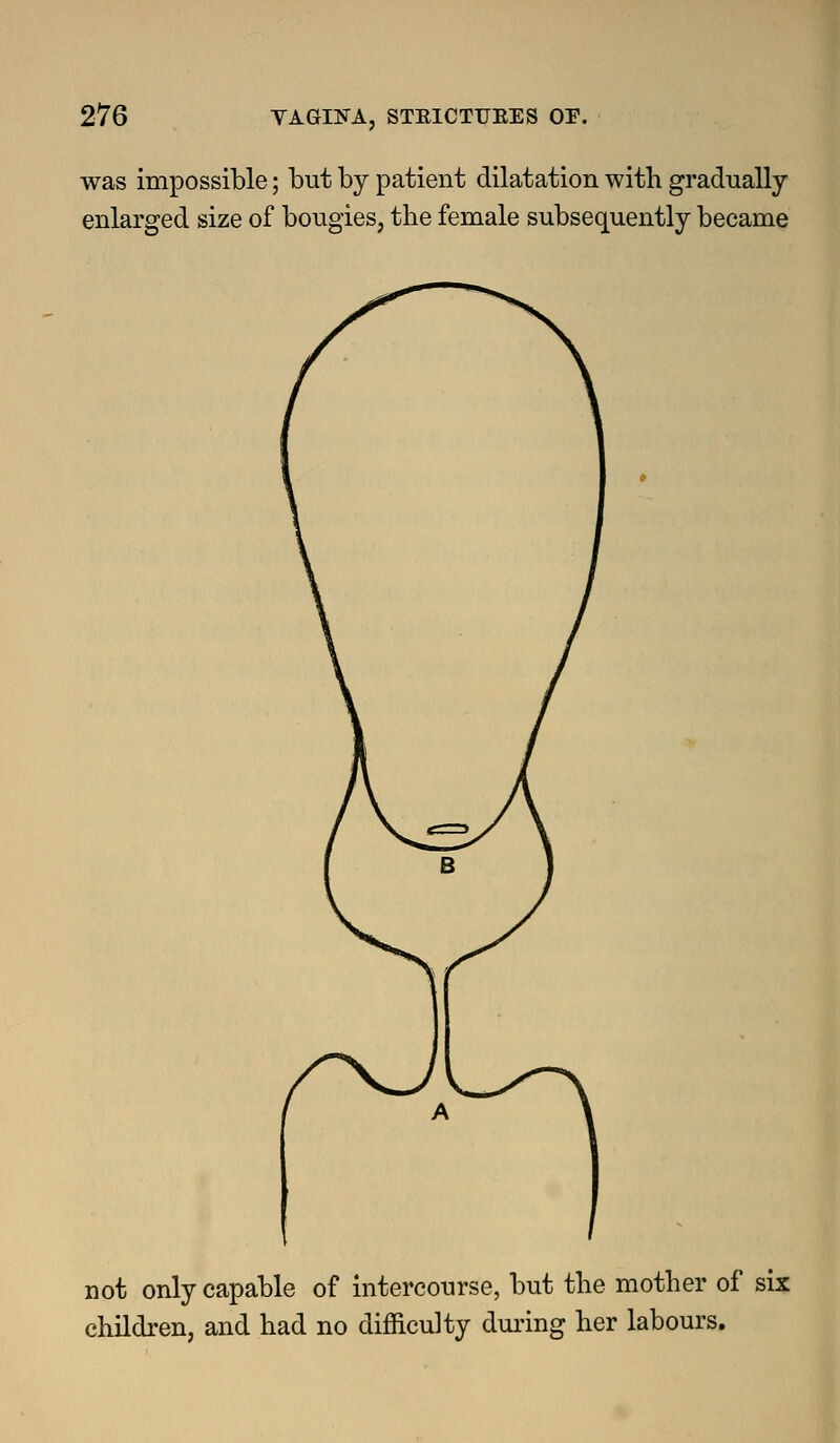 was impossible; but by patient dilatation with gradually- enlarged size of bougies, the female subsequently became not only capable of intercourse, but the mother of six children, and had no difficulty during her labours.