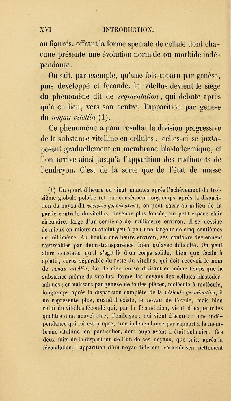 OU figurés, offrant la forme spéciale de cellule dont cha- cune présente une évolution normale ou morbide indé- pendante. On sait, par exemple, qu'une fois apparu par genèse, puis développé et fécondé, le vitellus devient le siège du phénomène dit de segmentation^ qui débute après qu'a eu lieu, vers son centre, l'apparition par genèse du noyau vitellin (1). Ce phénomène a pour résultat la division piogressive de la substance vitelline en cellules ; celles-ci se juxta- posent graduellement en membrane blastodermique, et l'on arrive ainsi jusqu'à l'apparition des rudiments de l'embryon. C'est de la sorte que de l'état de masse (l) Un quart d'heure ou vingt minutes après l'achèvement du troi- sième globule polaire (et par conséquent longtemps après la dispari- tion du noyau dit vésicule germinaiive), on peut saisir au milieu de la partie centrale du vitellus, devenue plus foncée, un petit espace clair circulaire, large d'un centième de millimèlre environ. Il se dessine de mieux en mieux et atteint peu à peu une largeur de cinq centièmes de millimètre. Au bout d'une heure environ, ses contours deviennent saisissables par demi-transparence, bien qu'avec difficulté. On peut alors constater qu'il s'agit là d'un corps solide, bien que facile à aplatir, corps séparable du reste du vitellus, qui doit recevoir le nom de noyau vitellin. Ce dernier, en se divisant en même temps que la substance même du vitellus, forme les noyaux des cellules blastoder- miques ; en naissant par genèse de toutes pièces, molécule à molécule, longtemps après la disparition complète de la vésicule germinaiive^ il ne représente plus, quand il existe, le noyau de l'ovule, mais bien celui du vitellus fécondé qui, par la fécondation, vient d'acquérir les qualités d'un nouvel cire, l'embryon; qui vient d'acquérir une indé- pendance qui lui est propre, une indépendance par rapporta la mem- brane vitelline en particulier, dont auparavant il était solidaire. Ces deux faits de la disparition de l'un de ces noyaux, que suit, après la fécondation, l'apparition d'im noyau différent, caractérisent nettement