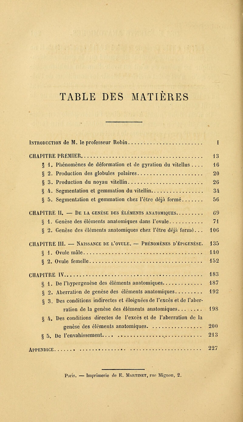 TABLE DES MATIERES Introduction de M. le professeur Robin I CHAPITRE PREMIER 13 § 1. Phénomènes de déformation et de gyration du vitellus .... 16 § 2. Production des globules polaires 20 § 3. Production du noyau vitellin 26 § û. Segmentation et gemmation du vitellin 34 § 5. Segmentation et gemmation chez l'être déjà formé 56 CHAPITRE 11. — De la. genèse des éléments anatomiques 69 § 1. Genèse des éléments anatomiques dans l'ovule 71 § 2. Genèse des éléments anatomiques chez l'être déjà formé. . . 106 CHAPITRE III. — Naissance de l'ovule, — Phénomènes d'épigenèse. 135 § 1. Ovule mâle 140 § 2. Ovule femelle 152 CHAPITRE IV 183 § 1. De l'hypergenèse des éléments anatomiques 187 8 2. Aberration de genèse des éléments anatomiques 192 § 3. Des conditions indirectes et éloignées de l'excès et de l'aber- ration de la genèse des éléments anatomiques 198 § 4. Des conditions directes de l'excès et de l'aberration de la genèse des éléments anatomiques 200 § 5. De l'envahissement 213 Appendice . 227 Paris. — Imprimerie de B. Martinet, nie Mignon, 2,