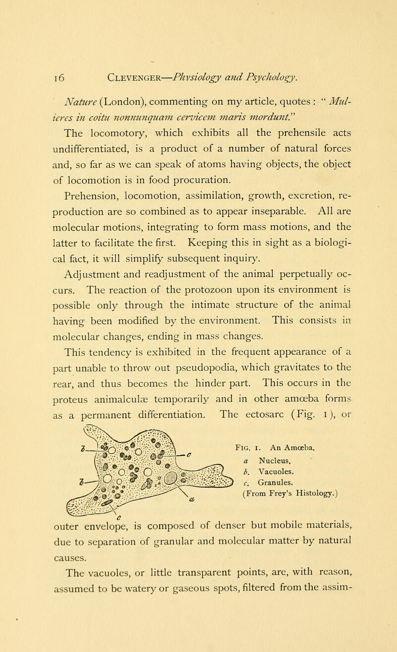 Nature (London), commenting on my article, quotes :  Mul- ieres in coitn npnnunquam cervicem maris mordunt. The locomotory, which exhibits all the prehensile acts undifferentiated, is a product of a number of natural forces and, so far as we can speak of atoms having objects, the object of locomotion is in food procuration. Prehension, locomotion, assimilation, growth, excretion, re- production are so combined as to appear inseparable. All are molecular motions, integrating to form mass motions, and the latter to facilitate the first. Keeping this in sight as a biologi- cal fact, it will simplify subsequent inquiry. Adjustment and readjustment of the animal perpetually oc- curs. The reaction of the protozoon upon its environment is possible only through the intimate structure of the animal having been modified by the environment. This consists in molecular changes, ending in mass changes. This tendency is exhibited in the frequent appearance of a part unable to throw out pseudopodia, which gravitates to the rear, and thus becomes the hinder part. This occurs in the proteus animalculae temporarily and in other amoeba forms as a permanent differentiation. The ectosarc (Fig. I), or Fig. i. An Amoeba. a Nucleus. b. Vacuoles. ^KPo W '-M2- ^^-i-_l^L^ c- Granules. m^^mx^^\T' (From Frey's Histol°gy-: c outer envelope, is composed of denser but mobile materials, due to separation of granular and molecular matter by natural causes. The vacuoles, or little transparent points, are, with reason, assumed to be watery or gaseous spots, filtered from the assim-