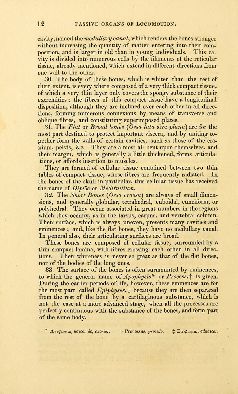 cavity, named the medullary canal, which renders the bones stronger without increasing the quantity of matter entering into their com- position, and is larger in old than in young individuals. This ca- vity is divided into numerous cells by the filaments of the reticular tissue, already mentioned, which extend in different directions from one wall to the other. 30. The body of these bones, which is whiter than the rest of their extent, is every where composed of a very thick compact tissue, of which a very thin layer only covers the spongy substance of their extremities ; the fibres of this compact tissue have a longitudinal disposition, although they are inclined over each other in all direc- tions, forming numerous connexions by means of transverse and oblique fibres, and constituting superimposed plates. 31. The Flat or Broad hones {Ossa lata sive plana) are for the most part destined to protect important viscera, and by uniting to- gether form the walls of certain cavities, such as those of the cra- nium, pelvis, &c. They are almost all bent upon themselves, and their margin, which is generally a little thickened, forms articula- tions, or affords insertion to muscles. They are formed of cellular tissue contained between two thin tables of compact tissue, whose fibres are frequently radiated. In the bones of the skull in particular, this cellular tissue has received the name of Diplbe or Meditullium. 32. The Short Bones {Ossa crassd) are always of small dimen- sions, and generally globular, tetrahedral, cuboidal, cuneiform, or polyhedral. They occur associated in great numbers in the regions which they occupy, as in the tarsus, carpus, and vertebral column. Their surface, which is always uneven, presents many cavities and eminences ; and, like the flat bones, they have no meduUary canal. In general also, their articulating surfaces are broad. These bones are composed of cellular tissue, surrounded by a thin compact lamina, with fibres crossing each other in all direc- tions. Their whiteness is never so great as that of the flat bones, nor of the bodies of the long ones. 33. The surface of the bones is often surmounted by eminences, to which the general name of Apophysis^ or Process,-^^ is given. During the earlier periods of life, however, these eminences are for the most part called Epiphyses, \ because they are then separated from the rest of the bone by a cartilaginous substance, which is not the case at a more advanced stage, when all the processes are perfectly continuous with the substance of the bones, and form part of the same body. Ay:o^vi}//.ai, iiascor de, cxorior. -f- Processus, ^roce^io. :!^ ^■^iipvi>//,ai, adnascor^