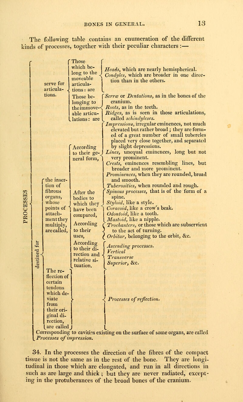 The following table contains an enumeration of the different kinds of processes, together with their peculiar characters :— f CD CO o o serve for articula- tions. f Those I which be long to the moveable articuk' tions: are Those be longing to I theimmove-^ able articu- lations: are (moveable j articula- j tions: are ^ Heads, which are nearly hemispherical Condyles, which are broader in one direc- tion than in the others. r According to their ge^ neral form, ) 'the inser- tion of fibrous organs, whose points of attach- ment they multiply, are called. 13 After the bodies to which they ^ have been compared. According to their uses. According to their di- rection and relative si- ^ tuation. [Serrae or Dentations, as in the bones of the cranium. Roots, as in the teeth. Ridges, as is seen in those articulations, called schindyleses. ' Impressiom, irregular eminences, not much elevated but rather broad; they are form- ed of a great number of small tubercles placed very close together, and separated by slight depressions. Lines, unequal eminences, long but not very prominent. Crests, eminences resembling lines, but broader and more prominent. Prominences, when they are rounded, broad and smooth. Tuberosities, when rounded and rough. Spinous processes, that is of the form of a spine. Styloid, like a style. Coracoid, like a crow's beak. Odontoid, like a tooth. Mastoid, like a nipple. Trochanters, or those which are subservient to the act of turning. Orbitar, belonging to the orbit, &c. I Ascending processes, J Vertical Transverse j Superior, &c. r -^ Pi^ocesses of rejleclion. The re- flection of certain tendons which de- viate }► from their ori- ginal di- rection, l^are called J Corresponding to cavities existing on the surface of some organs, are called Processes of impression. 34. In the processes the direction of the fibres of the compact tissue is not the same as in the rest of the bone. They are longi- tudinal in those which are elongated, and run in all directions in such as are large and thick; but they are never radiated, except- ing in the protuberances of the broad bones of the cranium.