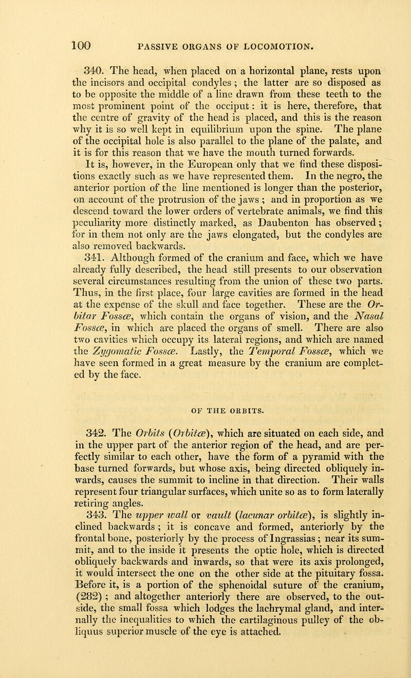 340. The head, when placed on a horizontal plane, rests upon the incisors and occipital condyles ; the latter are so disposed as to be opposite the middle of a line drawn from these teeth to the most prominent point of the occiput: it is here, therefore, that the centre of gravity of the head is placed, and this is the reason why it is so well kept in equilibrium upon the spine. The plane of the occipital hole is also parallel to the plane of the palate, and it is for this reason that we have the mouth turned forwards. It is, however, in the European only that we find these disposi- tions exactly such as we have represented them. In the negro, the anterior portion of the line mentioned is longer than the posterior, on account of the protrusion of the jaws ; and in proportion as we descend toward the lower orders of vertebrate animals, we find this peculiarity more distinctly marked, as Daubenton has observed; for in them not only are the jaws elongated, but the condyles are also removed backwards. 341. Although formed of the cranium and face, which we have already fully described, the head still presents to our observation several circumstances resulting from the union of these two parts. Thus, in the first place, four large cavities are formed in the head at the expense of the skull and face together. These are the Or- hitar Fosscb, which contain the organs of vision, and the Nasal FosscB, in which are placed the organs of smell. There are also two cavities which occupy its lateral regions, and which are named the Zygomatic Fosscb. Lastly, the Temporal Fosses, which we have seen formed in a great measure by the cranium are complet- ed by the face. OF THE OEBITS. 342. The Orbits (Orbitce), which are situated on each side, and in the upper part of the anterior region of the head, and are per- fectly similar to each other, have the form of a pyramid with the base turned forwards, but whose axis, being directed obliquely in- wards, causes the summit to incline in that direction. Their walls represent four triangular surfaces, which unite so as to form laterally retiring angles. 343. The upper wall or vault (lacunar 07'hitcB), is slightly in- clined backwards ; it is concave and formed, anteriorly by the frontal bone, posteriorly by the process of Ingrassias; near its sum- mit, and to the inside it presents the optic hole, which is directed obliquely backwards and inwards, so that were its axis prolonged, it would intersect the one on the other side at the pituitary fossa. Before it, is a portion of the sphenoidal suture of the cranium, (282) ; and altogether anteriorly there are observed, to the out- side, the small fossa which lodges the lachrymal gland, and inter- nally the inequalities to which the cartilaginous pulley of the ob- liquus superior muscle of the eye is attached.