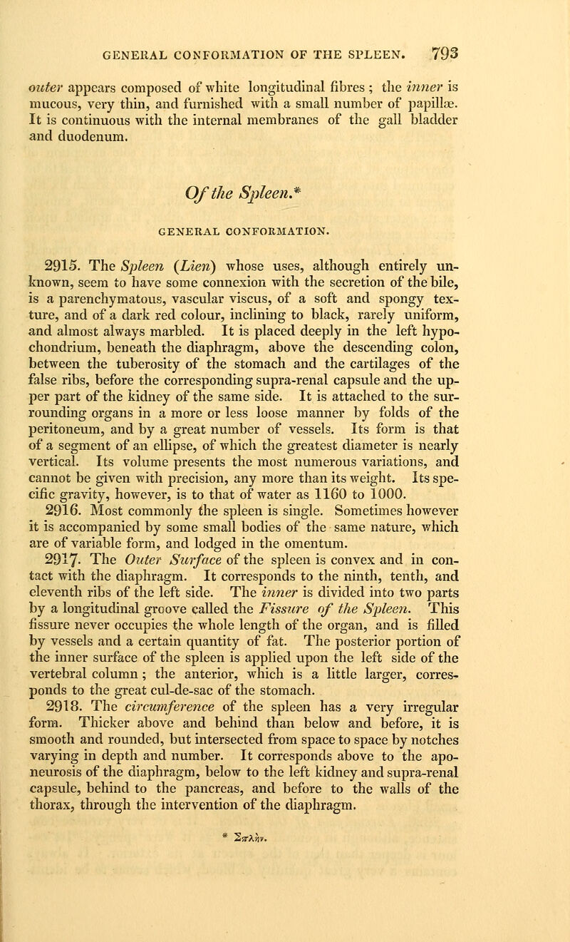 outer appears composed of white longitudinal fibres ; the inner is mucous, very thin, and furnished with a small number of papilljje. It is continuous with the internal membranes of the gall bladder and duodenum. Of the Spleen.*' GENERAL CONFORMATION. 2915. The Sj)leen {Lien) whose uses, although entirely un- known, seem to have some connexion with the secretion of the bile, is a parenchymatous, vascular viscus, of a soft and spongy tex- ture, and of a dark red colour, inclining to black, rarely uniform, and almost always marbled. It is placed deeply in the left hypo- chondrium, beneath the diaphragm, above the descending colon, between the tuberosity of the stomach and the cartilages of the false ribs, before the corresponding supra-renal capsule and the up- per part of the kidney of the same side. It is attached to the sur- rounding organs in a more or less loose manner by folds of the peritoneum, and by a great number of vessels. Its form is that of a segment of an ellipse, of which the greatest diameter is nearly vertical. Its volume presents the most numerous variations, and cannot be given with precision, any more than its weight. Its spe- cific gravity, however, is to that of water as 1160 to 1000. 2916. Most commonly the spleen is single. Sometimes however it is accompanied by some small bodies of the same nature, which are of variable form, and lodged in the omentum. 2917- The Outer Surface of the spleen is convex and in con- tact with the diaphragm. It corresponds to the ninth, tenth, and eleventh ribs of the left side. The inner is divided into two parts by a longitudinal groove called the Fissure of the Spleen. This fissure never occupies the whole length of the organ, and is filled by vessels and a certain quantity of fat. The posterior portion of the inner surface of the spleen is applied upon the left side of the vertebral column; the anterior, which is a little larger, corres-- ponds to the great cul-de-sac of the stomach. 2918. The circumference of the spleen has a very irregular form. Thicker above and behind than below and before, it is smooth and rounded, but intersected from space to space by notches varying in depth and number. It corresponds above to the apo- neurosis of the diaphragm, below to the left kidney and supra-renal capsule, behind to the pancreas, and before to the walls of the thorax, through the intervention of the diaphragm.