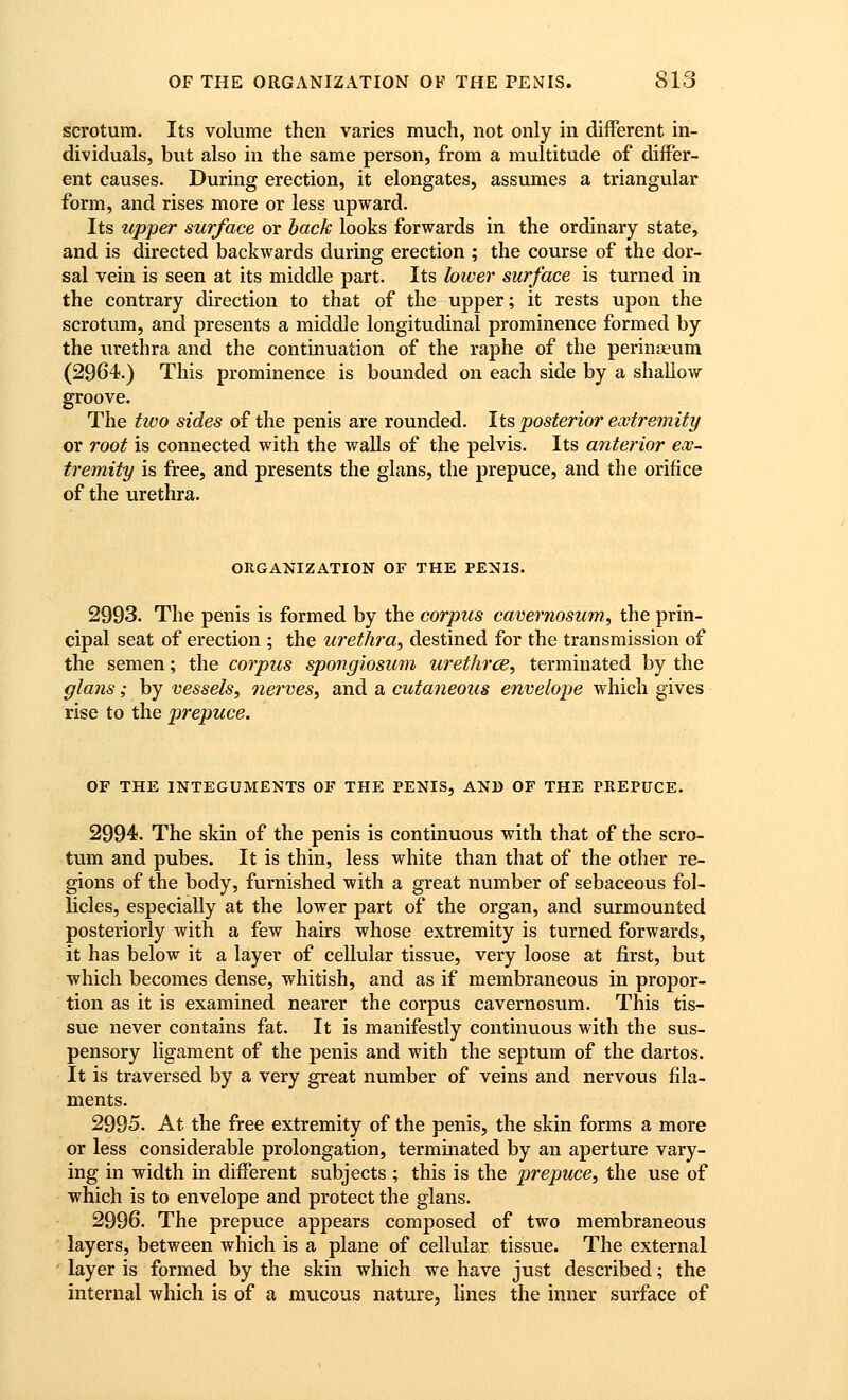 scrotum. Its volume then varies much, not only in different in- dividuals, but also in the same person, from a multitude of differ- ent causes. During erection, it elongates, assumes a triangular form, and rises more or less upward. Its upper surface or back looks forwards in the ordinary state, and is directed backwards during erection ; the course of the dor- sal vein is seen at its middle part. Its lower surface is turned in the contrary direction to that of the upper; it rests upon the scrotum, and presents a middle longitudinal prominence formed by the urethra and the continuation of the raphe of the perinaeum (2964.) This prominence is bounded on each side by a shallow groove. The two sides of the penis are rounded. Its posterior extremity or root is connected with the walls of the pelvis. Its anterior ex- tremity is free, and presents the glans, the prepuce, and the orifice of the urethra. ORGANIZATION OF THE PENIS. 2993. The penis is formed by the corpus cavernosum, the prin- cipal seat of erection ; the urethra, destined for the transmission of the semen; the co7'pus spongiosum urethrce, terminated by the gla7is; by vessels, nerves, and a cutaneous envelope which gives rise to the pirepuce. OF THE INTEGUMENTS OF THE PENIS, AN15 OF THE PREPUCE. 2994. The skin of the penis is continuous with that of the scro- tum and pubes. It is thin, less white than that of the other re- gions of the body, furnished with a great number of sebaceous fol- licles, especially at the lower part of the organ, and surmounted posteriorly with a few hairs whose extremity is turned forwards, it has below it a layer of cellular tissue, very loose at first, but which becomes dense, whitish, and as if membraneous in propor- tion as it is examined nearer the corpus cavernosum. This tis- sue never contains fat. It is manifestly continuous with the sus- pensory ligament of the penis and with the septum of the dartos. It is traversed by a very great number of veins and nervous fila- ments. 2995. At the free extremity of the penis, the skin forms a more or less considerable prolongation, termmated by an aperture vary- ing in width in different subjects ; this is the prepuce, the use of which is to envelope and protect the glans. 2996. The prepuce appears composed of two membraneous layers, between which is a plane of cellular tissue. The external layer is formed by the skin which we have just described; the internal which is of a mucous nature, lines the inner surface of