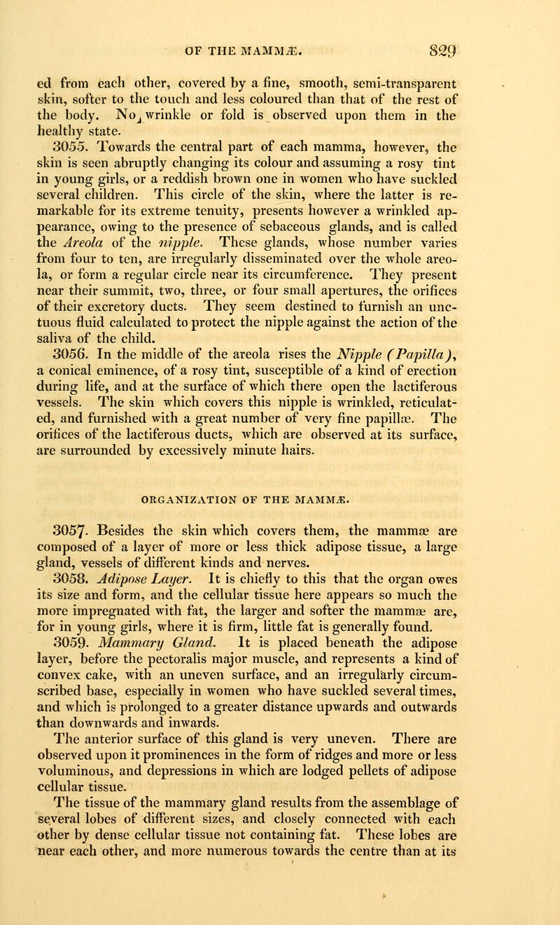 ed from each other, covered by a fine, smooth, semi-transparent skin, softer to the touch and less coloured than that of the rest of the body. Noj wrinkle or fold is observed upon them in the healthy state. 3055. Towards the central part of each mamma, however, the skin is seen abruptly changing its colour and assuming a rosy tint in young girls, or a reddish brown one in women who have suckled several children. This circle of the skin, where the latter is re- markable for its extreme tenuity, presents however a wrinkled ap- pearance, owing to the presence of sebaceous glands, and is called the Areola of the nipple. These glands, whose number varies from four to ten, are irregularly disseminated over the whole areo- la, or form a regular circle near its circumference. They present near their summit, two, three, or four small apertures, the orifices of their excretory ducts. They seem destined to furnish an unc- tuous fluid calculated to protect the nipple against the action of the saliva of the child. 3056. In the middle of the areola rises the Nipple (Papilla)y a conical eminence, of a rosy tint, susceptible of a kind of erection during life, and at the surface of which there open the lactiferous vessels. The skin which covers this nipple is wrinkled, reticulat- ed, and furnished with a great number of very fine papillae. The orifices of the lactiferous ducts, which are observed at its surface, are surrounded by excessively minute hairs. ORGANIZATION OF THE MAMMiE. 3057- Besides the skin which covers them, the mammae are composed of a layer of more or less thick adipose tissue, a large gland, vessels of different kinds and nerves. 3058. Adipose Layer. It is chiefly to this that the organ owes its size and form, and the cellular tissue here appears so much the more impregnated with fat, the larger and softer the mammae are, for in young girls, where it is firm, little fat is generally found. 3059. Mammary Gland. It is placed beneath the adipose layer, before the pectoralis major muscle, and represents a kind of convex cake, with an uneven surface, and an irregularly circum- scribed base, especially in women who have suckled several times, and which is prolonged to a greater distance upwards and outwards than downwards and inwards. The anterior surface of this gland is very uneven. There are observed upon it prominences in the form of ridges and more or less voluminous, and depressions in which are lodged pellets of adipose cellular tissue. The tissue of the mammary gland residts from the assemblage of several lobes of different sizes, and closely connected with each other by dense cellular tissue not containing fat. These lobes are near each other, and more numerous towards the centre than at its