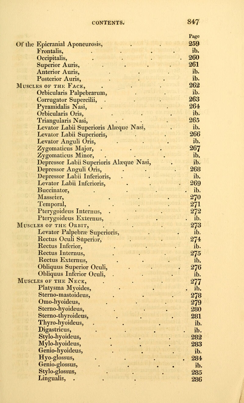 Of the Epicranial Aponeurosis, . . 259 Frontalis, . . . . ib. Occipitalis, .... 260 Superior Auris, . . . . 261 Anterior Auris, . . . ib. Posterior Auris, • . . ib. Muscles of the Face, . . • 262 Orbicularis Palpebrarum, • • ib. Corrugator Supercilii, . . • 263 Pyramidalis Nasi, . . 264 Orbicularis Oris, . . . ib. Triangularis Nasi, . . . 265 Levator Labii Superioris Alaeque Nasi, . ib. Levator Labii Superioris, . . 266 Levator Anguli Oris, . . . ib. Zygomaticus Major, . . . 267 Zygomaticus Minor, . . . ib. Depressor Labii Superioris Alaeque Nasi, . ib. Depressor Anguli Oris, . . . 268 Depressor Labii Liferioris, . . , ib. Levator Labii Inferioris, . . • 269 Buccinator, . . . . ib. Masseter, . . . 27O Temporal, ... . 27I Pterygoidevis Internus, . • . 272 Pterygoideus Externus, . . . ib. Muscles of the Orbit, . . . 273 Levator Palpebrae Superioris, . . ib. Rectus Oculi Siiperior, . . 274 Rectus Inferior, . . . ib. Rectus Internus, . . . 275 Rectus Externus, . . . ib. Obliquus Superior Oculi, . . . 276 Obliquus Inferior Oculi, . • • ib. Muscles of the Neck, . . . 277 Platysma Myoides, • . . ib. Sterno-mastoideus, . . . 278 Omo-hyoideus, . . . 279 Sterno-hyoideus, . . . 280 Sterno-thyroideuSj . . . 281 Thyro-hyoideus, . . . ib. Digastricus, . . , . ib. Stylo-hyoideus, . . . 282 Mylo-hyoideus, . . . 283 Genio-hyoideus, . . . ib. Hyo-glossus, . . . . 284 Genio-glossus, . . . . ib. Stylo-glossus, . . . 285 Lingualis, . . . 286