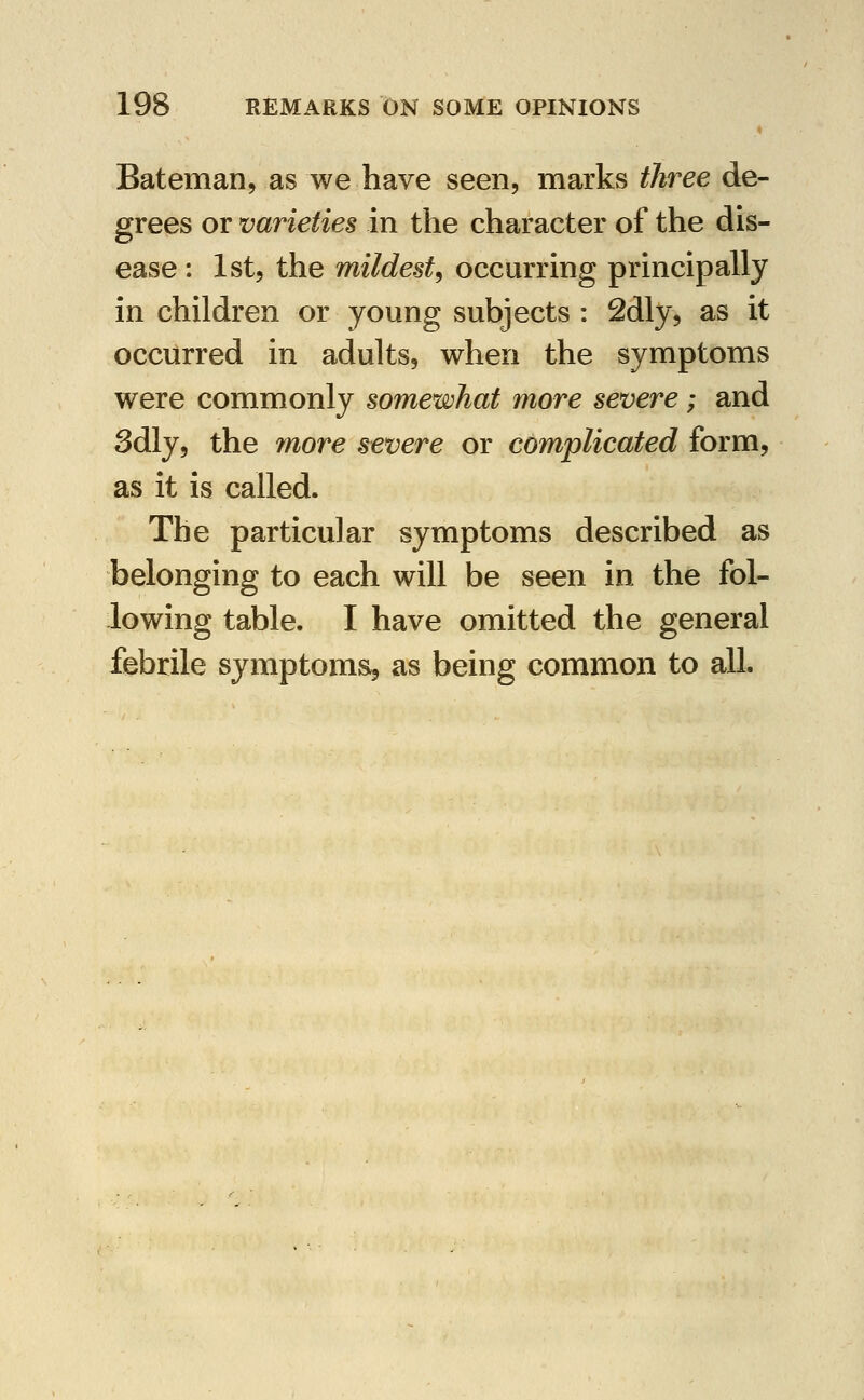 Bateman, as we have seen, marks thfree de- grees or varieties in the character of the dis- ease : Ist, the mildest^ occurring principally in children or young subjects : Sdly, as it occurred in adults, when the symptoms were commonly somewhat more severe; and Sdly, the more s^evere or complicated form, as it is called. The particular symptoms described as belonging to each will be seen in the fol- lowing table. I have omitted the general febrile symptoms, as being common to all.