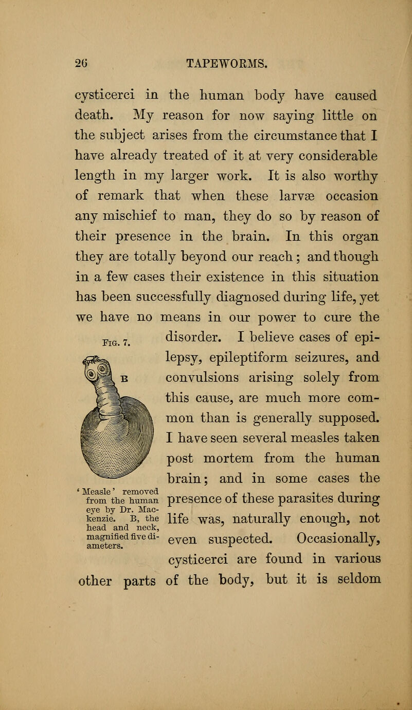 cysticerci in the human bod}7 have caused death. My reason for now saying little on the subject arises from the circumstance that I have already treated of it at very considerable length in my larger work. It is also worthy of remark that when these larvae occasion any mischief to man, they do so by reason of their presence in the brain. In this organ they are totally beyond our reach; and though in a few cases their existence in this situation has been successfully diagnosed during life, yet we have no means in our power to cure the pig. 7. disorder. I believe cases of epi- lepsy, epileptiform seizures, and convulsions arising solely from this cause, are much more com- mon than is generally supposed. I have seen several measles taken post mortem from the human brain; and in some cases the ' Measle' removed r ,, .. 1 from the human presence of these parasites during eye by Dr. Mac- j kenzie. b, the life was, naturally enough, not head and neck, J ° a^fterfisedfivedi even suspected. Occasionally, cysticerci are found in various other parts of the body, but it is seldom