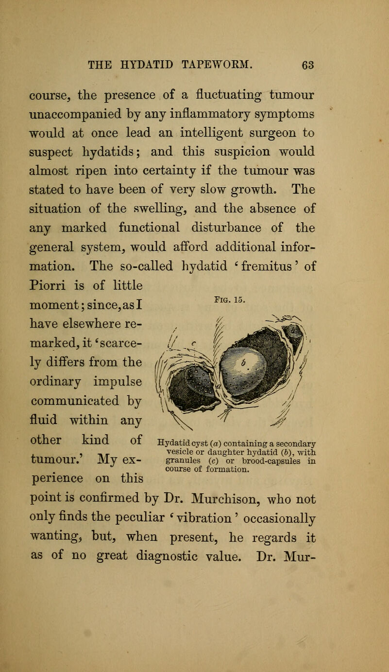 course, the presence of a fluctuating tumour unaccompanied by any inflammatory symptoms would at once lead an intelligent surgeon to suspect hydatids; and this suspicion would almost ripen into certainty if the tumour was stated to have been of very slow growth. The situation of the swelling, and the absence of any marked functional disturbance of the general system, would afford additional infor- mation. The so-called hydatid 'fremitus' of Piorri is of little moment; since, as I have elsewhere re- marked, it'scarce- ly differs from the ordinary impulse communicated by fluid within any other kind of tumour.' My ex- perience on this point is confirmed by Dr. Murchison, who not only finds the peculiar c vibration' occasionally wanting, but, when present, he regards it as of no great diagnostic value. Dr. Mur- Hydatid cyst (a) containing a secondary vesicle or daughter hydatid (b), with granules (c) or brood-capsules in course of formation.