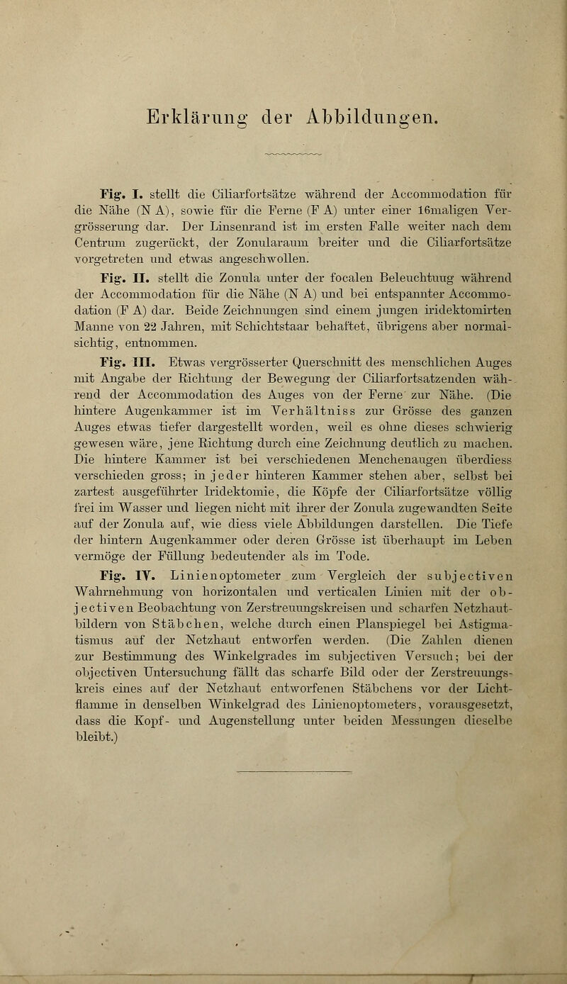 Erklärung der Abbildungen. Fig. I. stellt die Ciliarfortsätze während der Accommodation für die Nähe (N A), sowie für die Ferne (F A) unter einer 16maligen Ver- grösserung dar. Der Linsenrand ist im ersten Falle weiter nach dem Centrum zugerückt, der Zonularaum breiter und die Ciliarfortsätze vorgetreten und etwas angeschwollen. Fig. II. stellt die Zonula unter der focalen Beleuchtung während der Accommodation für die Nähe (N A) und bei entspannter Accommo- dation (F A) dar. Beide Zeichnungen sind einem jungen iridektomirten Manne von 22 Jahren, mit Schichtstaar behaftet, übrigens aber normal- sichtig , entnommen. Fig. IH. Etwas vergrösserter Querschnitt des menschlichen Auges mit Angabe der Richtung der Bewegung der Ciliarfortsatzenden wäh- rend der Accommodation des Auges von der Ferne' zur Nähe. (Die hintere Augenkammer ist im Verhältniss zur Grösse des ganzen Auges etwas tiefer dargestellt worden, weil es ohne dieses schwierig gewesen wäre, jene Richtung durch eine Zeichnung deutlich zu machen. Die hintere Kammer ist bei verschiedenen Menchenaugen überdiess verschieden gross; in jeder hinteren Kammer stehen aber, selbst bei zartest ausgeführter Iridektomie, die Köpfe der Ciliarfortsätze völlig frei im Wasser und liegen nicht mit ihrer der Zonula zugewandten Seite auf der Zonula auf, wie diess viele Abbildungen darstellen. Die Tiefe der hintern Augenkammer oder deren Grösse ist überhaupt im Leben vermöge der Füllung bedeutender als im Tode. Fig. IY. Linien Optometer zum Vergleich der subjectiven Wahrnehmung von horizontalen und verticalen Linien mit der ob- jectiven Beobachtung von Zerstreuungskreisen und scharfen Netzhaut- bildern von Stäbchen, welche durch einen Planspiegel bei Astigma- tismus auf der Netzhaut entworfen werden. (Die Zahlen dienen zur Bestimmung des Winkelgrades im subjectiven Versuch; bei der objectiven Untersuchung fällt das scharfe Bild oder der Zerstreuungs- kreis eines auf der Netzhaut entworfenen Stäbchens vor der Licht- flamme in denselben Winkelgrad des Linienoptometers, vorausgesetzt, dass die Kopf- und Augenstellung unter beiden Messungen dieselbe bleibt.)