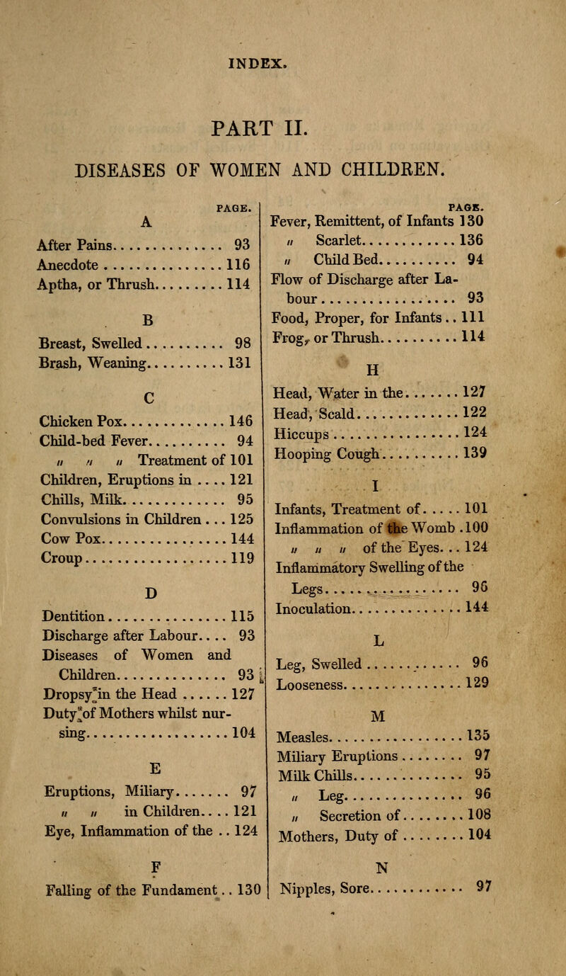 PART II. DISEASES OF WOMEN AND CHILDREN. After Pains 93 Anecdote 116 Aptha, or Thrush 114 B Breast, Swelled 98 Brash, Weaning 131 Chicken Pox 146 Child-bed Fever 94 II fi II Treatment of 101 Children, Eruptions in .... 121 ChiUs, Milk 95 Convulsions in Children ... 125 Cow Pox 144 Croup 119 D Dentition 115 Discharge after Labour.... 93 Diseases of Women and Children 93 [ Dropsy*in the Head 127 Duty of Mothers whilst nur- sing 104 E Eruptions, Miliary 97 II II in Children.. .. 121 Eye, Inflammation of the .. 124 F Falling of the Fundament.. 130 PAGE. Fever, Remittent, of Infants 130 /; Scarlet 136 // ChildBed 94 Flow of Discharge after La- bour 93 Food, Proper, for Infants.. Ill FrogjT or Thrush 114 H Head, Water hi the 127 Head, Scald 122 Hiccups 124 Hooping Cough 139 Infants, Treatment of 101 Inflammation of Ae Womb . 100 u II II of the Eyes... 124 Inflammatory Swelling of the Legs ..•..•_ 9G Inoculation 144 Leg, Swelled 96 Looseness 129 M Measles 135 Miliary Eruptions 97 Milk Chills 95 // Leg 96 // Secretion of 108 Mothers, Duty of 104 N Nipples, Sore 97