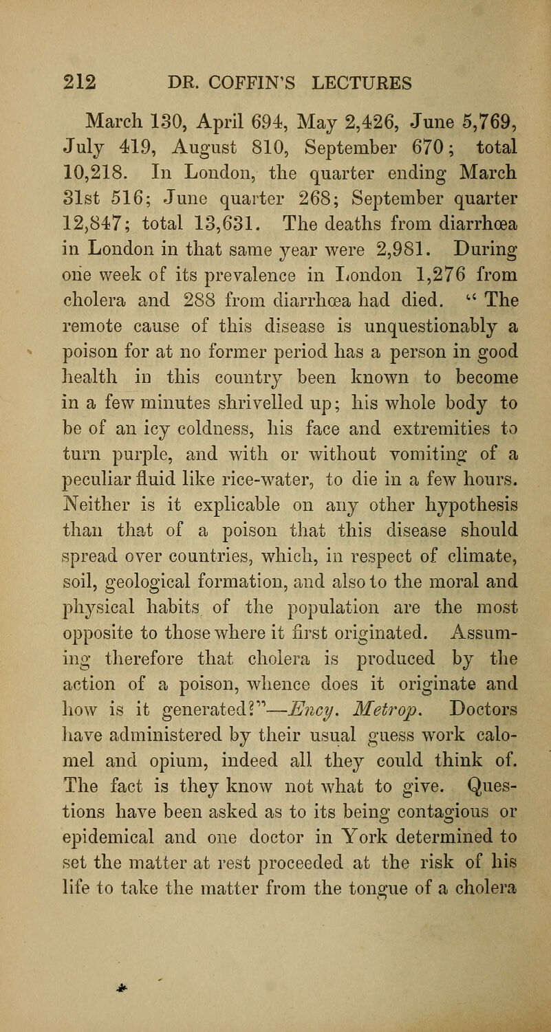 March 130, April 694;, May 2,426, June 5,769, July 419, August 810, September 670; total 10,218. In London, the quarter ending March 81st 516; June quarter 268; September quarter 12,847; total 13,631. The deaths from diarrhoea in London in that same year were 2,981. During one week of its prevalence in I^ondon 1,276 from cholera and 288 from diarrhoea had died. '' The remote cause of this disease is unquestionably a poison for at no former period has a person in good health in this country been known to become in a few minutes shrivelled up; his whole body to be of an icy coldness, his face and extremities to turn purple, and with or without vomiting of a peculiar fluid like rice-water, to die in a few hours. Neither is it explicable on any other hypothesis than that of a poison that this disease should spread over countries, which, in respect of climate, soil, geological formation, and also to the moral and physical habits of the population are the most opposite to those where it first originated. Assum- ing therefore that cholera is produced by the action of a poison, whence does it originate and how is it generated?^**—Ency. Metrop, Doctors have administered by their usual guess work calo- mel and opium, indeed all they could think of. The fact is they know not what to give. Ques- tions have been asked as to its being contagious or epidemical and one doctor in York determined to set the matter at rest proceeded at the risk of his life to take the matter from the tongue of a cholera
