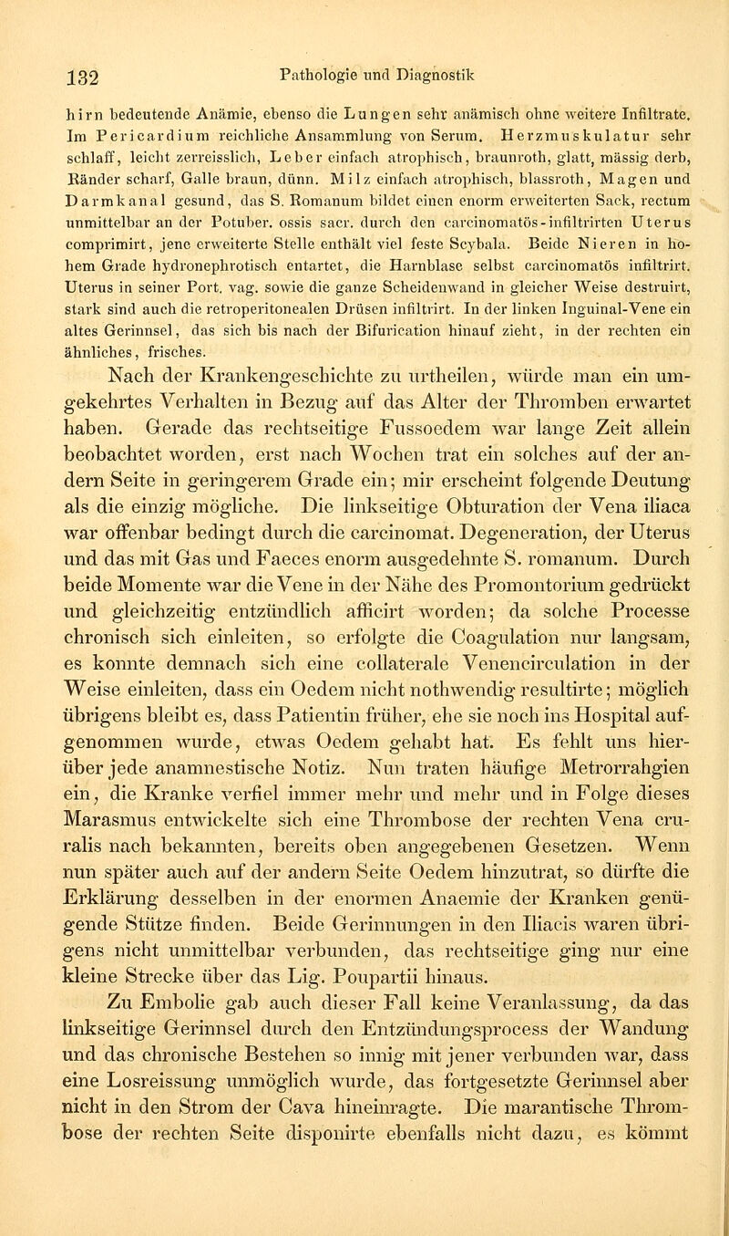 hirn bedeutende Anämie, ebenso die Lungen sehr anämisch ohne weitere Infiltrate. Im Pericardium reichliche Ansammlung von Sertim. Herzmuskulatur sehr schlaff, leicht zerreisslich, Leber einfach atrophisch, braunroth, glatt, massig derb, Bänder scharf, Galle braun, dünn. Milz einfach atrophisch, blassroth, Magen und Darmkanal gesund, das S. Roraanum bildet einen enorm erweiterten Sack, rectum unmittelbar an der Potuber. ossis sacr. durch den carcinomatös-infiltrirten Uterus comprimirt, jene erweiterte Stelle enthält viel feste Scybala. Beide Nieren in ho- hem Grade hydronephrotisch entartet, die Hai'nblase selbst carcinomatös infiltrirt. Uterus in seiner Port. vag. sowie die ganze Scheidenwand in gleicher Weise destruirt, stark sind auch die retroperitonealen Drüsen infiltrirt. In der linken Inguinal-Vene ein altes Gerinnsel, das sich bis nach der Bifurication hinauf zieht, in der rechten ein ähnliches, frisches. Nach der Krankengeschichte zu urtheilen, würde man ein um- gekehrtes Verhalten in Bezug auf das Alter der Thromben erwartet haben. Gerade das rechtseitige Fussoedem war lange Zeit allein beobachtet worden, erst nach Wochen trat ein solches auf der an- dern Seite in geringerem Grade ein; mir erscheint folgende Deutung als die einzig mögliche. Die linkseitige Obturation der Vena iliaca war offenbar bedingt durch die carcinomat. Degeneration, der Uterus und das mit Gas und Faeces enorm ausgedehnte S. romanum. Durch beide Momente war die Vene in der Nähe des Promontorium gedrückt und gleichzeitig entzündlich afficirt worden; da solche Processe chronisch sich einleiten, so erfolgte die Coagulation nur langsam, es konnte demnach sich eine collaterale Venencirculation in der Weise einleiten, dass ein Oedem nicht nothwendig resultirte; möglich übrigens bleibt es, dass Patientin früher, ehe sie noch ins Hospital auf- genommen wurde, etwas Oedem gehabt hat. Es fehlt uns hier- über jede anamnestische Notiz. Nun traten häufige Metrorrahgien ein, die Kranke verfiel immer mehr und mehr und in Folge dieses Marasmus entwickelte sich eine Thrombose der rechten Vena cru- ralis nach bekannten, bereits oben angegebenen Gesetzen. Wenn nun später auch auf der andern Seite Oedem hinzutrat, so dürfte die Erklärung desselben in der enormen Anaemie der Kranken genü- gende Stütze finden. Beide Gerinnungen in den Ihacis waren übri- gens nicht unmittelbar verbunden, das rechtseitige ging nur eine kleine Strecke über das Lig. Poupartii hinaus. Zu Embolie gab auch dieser Fall keine Veranlassung, da das linkseitige Gerinnsel durch den Entzündungsprocess der Wandung und das chronische Bestehen so innig mit jener verbunden war, dass eine Losreissung unmöglich wurde, das fortgesetzte Gerinnsel aber nicht in den Strom der Cava hineinragte. Die marantische Throm- bose der rechten Seite disponirte ebenfalls nicht dazu, es kömmt