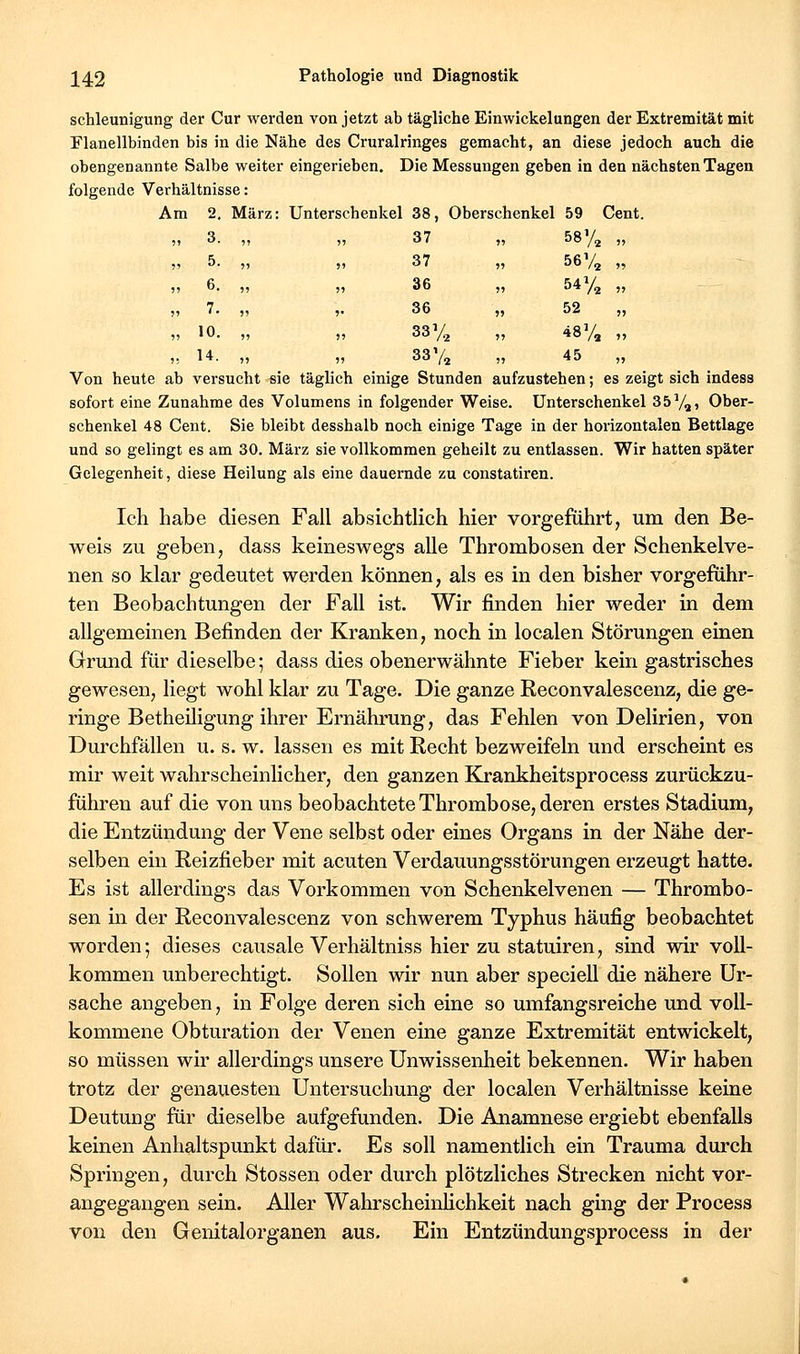 37 58% 37 56% 36 54% 36 52 33% 48% 33 V, 45 242 Pathologie und Diagnostik schleunigung der Cur werden von jetzt ab tägliche Einwickelungen der Extremität mit Flanellbinden bis in die Nähe des Cruralringes gemacht, an diese jedoch auch die obengenannte Salbe weiter eingerieben. Die Messungen geben in den nächsten Tagen folgende Verhältnisse: Am 2. März: Unterschenkel 38, Oberschenkel 59 Cent. 3. „ 5- »1 )) 6. „ 7. „ 10. „ 14. „ Von heute ab versucht sie täglich einige Stunden aufzustehen; es zeigt sich indess sofort eine Zunahme des Volumens in folgender Weise. Unterschenkel 35 Y,, Ober- schenkel 48 Cent. Sie bleibt desshalb noch einige Tage in der horizontalen Bettlage und so gelingt es am 30. März sie vollkommen geheilt zu entlassen. Wir hatten später Gelegenheit, diese Heilung als eine dauernde zu constatiren. Ich habe diesen Fall absichtlich hier vorgeführt, um den Be- weis zu geben, dass keineswegs alle Thrombosen der Schenkelve- nen so klar gedeutet werden können, als es in den bisher vorgeführ- ten Beobachtungen der Fall ist. Wir finden hier weder in dem allgemeinen Befinden der Kranken, noch in localen Störungen einen Grund für dieselbe; dass dies obenerwähnte Fieber kein gastrisches gewesen, liegt wohl klar zu Tage. Die ganze Reconvalescenz, die ge- ringe Betheiligung ihrer Ernährung, das Fehlen von Delirien, von Durchfällen u. s. w. lassen es mit Recht bezweifeln und erscheint es mir weit wahrscheinlicher, den ganzen Krankheitsprocess zurückzu- führen auf die von uns beobachtete Thrombose, deren erstes Stadium, die Entzündung der Vene selbst oder eines Organs in der Nähe der- selben ein Reizfieber mit acuten Verdauungsstörungen erzeugt hatte. Es ist allerdings das Vorkommen von Schenkelvenen — Thrombo- sen m der Reconvalescenz von schwerem Typhus häufig beobachtet worden; dieses causale Verhältniss hier zu statuiren, sind wir voll- kommen unberechtigt. Sollen wir nun aber speciell die nähere Ur- sache angeben, in Folge deren sich eine so umfangsreiche und voll- kommene Obturation der Venen eine ganze Extremität entwickelt, so müssen wir allerdings unsere Unwissenheit bekennen. Wir haben trotz der genauesten Untersuchung der localen Verhältnisse keine Deutung für dieselbe aufgefunden. Die Anamnese ergiebt ebenfalls keinen Anhaltspunkt dafür. Es soll namentlich ein Trauma durch Springen, durch Stossen oder durch plötzliches Strecken nicht vor- angegangen sein. Aller Wahrscheinlichkeit nach ging der Process von den Genitalorganen aus. Ein Entzündungsprocess in der