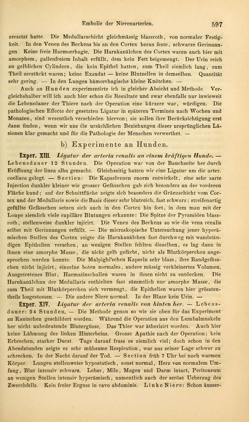 zersetzt hatte. Die Medullarschicht gleichmässig blassroth, von normaler Festig- keit. In den Venen des Beckens bis an den Cortex heran feste, schwarze Gerinunn- gen. Keine freie Haemorrhagie. Die Harnkanälchen des Cortex waren auch hier mit amorphem, gallenfreiem Inhalt erfüllt, dem kein Fett beigemengt. Der Urin reich an gelblichen Cylindern, die kein Epithel hatten, zum Theil ziemlich lang, zum Theil zerstückt waren; keine Exsudat — keine Blutzellen in demselben. Quantität sehr gering. — In den Lungen hämorrhagische kleine Knötchen. — Auch an Hunden experimentirte ich in gleicher Absicht und Methode. Ver- gleichshalber will ich auch hier schon die Resultate und zwar ebenfalls nur inwieweit die Lebensdauer der Thiere nach der Operation eine kürzere war, würdigen. Die pathologischen Effecte der gesetzten Ligatur in späteren Terminen nach Wochen und Monaten, sind wesentlich verschieden hiervon; sie sollen ihre Berücksichtigung erst dann finden, wenn wir uns die ursächlichen Beziehungen dieser ursprünglichen Lä- sionen klar gemacht und für die Pathologie der Menschen verwerthet. — b) Experimente an Hunden. Exper. XIII. Ligatur der arteria renalis an einem kräftigen Hunde. — Lebensdauer 12 Stunden. Die Operation war von der Bauchseite her durch Eröffnung der linea alba gemacht. Gleichzeitig hatten wir eine Ligatur um die arter. coeliaca gelegt. — Section: Die Kapselvenen enorm entwickelt, eine sehr zarte Injection dunkler kleiner wie grosser Gefässchen gab sich besonders an der vorderen Fläche kund ; auf der Schnittfiäche zeigte sich besonders die Gränzschicht vom Coi'- tex und der Medullaris sowie die Basis dieser sehr blutreich, fast schwarz; streifenartig gefällte Gefässchen setzen sich auch in den Cortex hin fort, in dem man mit der Loupe ziemlich viele capilläre Blutungen erkannte: Die Spitze der Pyramiden blass- roth , stellenweise dunkler injicirt. Die Venen des Beckens so wie die vena renalis selbst mit Gerinnungen erfüllt. — Die microskopische Untersuchung jener hyperä- mischen Stellen des Cortex zeigte die Harnkanälchen fast durchweg mit wandstän- digen Epithelien versehen, an wenigen Stellen fehlten dieselben. es lag dann in ihnen eine amorphe Masse, die nicht gelb gefärbt, nicht als Blutkörperchen ange- sprochen werden konnte. Die Malpighi'schen Kapseln sehr blass, ihre Randgefäss- chen nicht injicirt, einzelne boten normales, andere massig verkleinertes Volumen. Ausgetretenes Blut, Haematinschollen waren in ihnen nicht zu entdecken. Die Harnkanälchnn der Medullaris enthielten fast sämmtlich nur amorphe Masse, die zum Theil mit Blutkörperchen sich vermengt, die Epithelien waren hier grössten- theils losgestossen. — Die andere Niere normal. In der Blase kein Urin. — Exper. XIV. Ligatur der arteria renalis von hinten her. — Lebens- dauer: 24 Stunden. — Die Methode genau so wie sie oben für das Experiment an Kaninchen geschildert worden. Während die Operation aus den Lumbalmnskeln her nicht unbedeutende Blutergüsse. Das Thier war ätherisirt worden. Auch hier keine Lähmung des linken Hinterbeins. Grosse Apathie nach der Operation; kein Erbrechen, starker Durst. Tags darauf frass es ziemlich viel; doch schon in den Abendstunden zeigte es sehr mühsame Respiration , war aus seiner Lage schwer zu schrecken. In der Nacht darauf der Tod. — Section früh 7 Uhr bei noch warmen Körper. Lungen stellenweise hypostatisch, sonst normal, Herz von normalem Um- fang , Blut intensiv schwarz. Leber, Milz, Magen und Darm intact, Peritoneum an wenigen Stellen intensiv hyperämisch, namentlich auch der seröse Ueberzug des Zwerchfells. Kein freier Erguss in cavo abdominis. L i n k e N i e re: Schon ausser-