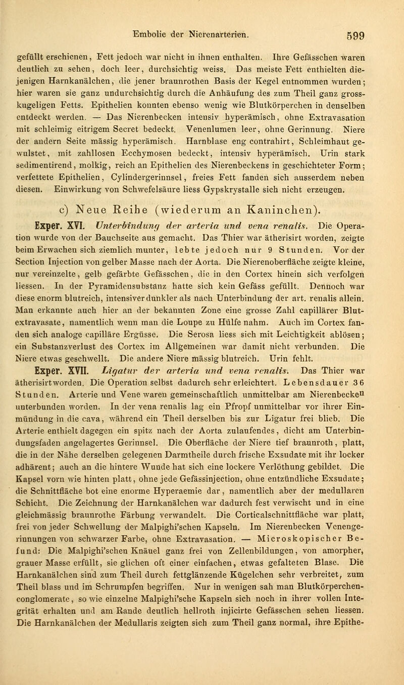 gefüllt erschienen, Fett jedoch war nicht in ihnen enthalten. Ihre Gefässchen waren deutlieh zu sehen, doch leer, durchsichtig weiss. Das meiste Fett enthielten die- jenigen Harnkanälchen, die jener braunrothen Basis der Kegel entnommen wurden; hier waren sie ganz undurchsichtig durch die Anhäufung des zum Theil ganz gross- kugeligen Fetts. Epithelien konnten ebenso wenig wie Blutkörperchen in denselben entdeckt werden, — Das Nierenbecken intensiv hyperämisch, ohne Extravasation mit schleimig eitrigem Secret bedeckt. Venenlumen leer, ohne Gerinnung. Niere der andern Seite massig hyperämisch. Harnblase eng contrahirt, Schleimhaut ge- wulstet, mit zahllosen Ecchymosen bedeckt, intensiv hyperämisch. Urin stark sedimentirend, molkig, reich an Epithelien des Nierenbeckens in geschichteter Form; verfettete Epithelien, Cylindergerinnsel, freies Fett fanden sich ausserdem neben diesen. Einwirkung von Schwefelsäure liess Gypskrystalle sich nicht erzeugen. c) Neue Reibe (wiederum an Kaninchen). Exper. XVI. VnterMndunfj der arteria und venu renalis. Die Opera- tion wurde von der Bauchseite aus gemacht. Das Thier war ätherisirt worden, zeigte beim Erwachen sich ziemlich munter, lebte jedoch nur 9 Stunden. Vorder Section Injection von gelber Masse nach der Aorta. Die Nierenoberfläche zeigte kleine, nur vereinzelte, gelb gefärbte Gefässchen, die in den Cortex hinein sich verfolgen Hessen. In der Pyramidensubstanz hatte sich kein Gefäss gefüllt. Dennoch war diese enorm blutreich, intensiver dunkler als nach Unterbindung der art. renalis allein. Man erkannte auch hier an der bekannten Zone eine grosse Zahl capillärer Blut- extravasate, namentlich wenn man die Loupe zu Hülfe nahm. Auch im Cortex fan- den sich analoge capilläre Ergüsse. Die Serosa liess sich mit Leichtigkeit ablösen; ein Substanzverlust des Cortex im Allgemeinen war damit nicht verbunden. Die Niere etwas geschwellt. Die andere Niere massig bluti-eich. Urin fehlt. Exper. XVII. Ligatur der arteria und vena renalis. Das Thier war ätherisirt worden. Die Operation selbst dadurch sehr erleichtert. Lebensdauer 36 Stunden. Arterie und Vene waren gemeinschaftlich unmittelbar am Nierenbecken unterbunden worden. In der vena renalis lag ein Pfropf unmittelbar vor ihi-er Ein- mündung in die cava, während ein Theil derselben bis zur Ligatur frei blieb. Die Arterie enthielt dagegen ein spitz nach der Aorta zulaufendes, dicht am Unterbin- dungsfaden angelagertes Gerinnsel. Die Oberfläche der Niere tief braunroth, platt, die in der Nähe derselben gelegenen Darmtheile durch frische Exsudate mit ihr locker adhärent; auch an die hintere Wunde hat sich eine lockere Verlöthung gebildet. Die Kapsel vorn wie hinten platt, ohne jede Gefässinjection, ohne entzündliche Exsudate; die Schnittfläche bot eine enorme Hyperaemie dar, namentlich aber der medullären Schicht. Die Zeichnung der Harnkanälchen war dadurch fest verwischt und in eine gleichmässig braunrothe Färbung verwandelt. Die Corticalschnittfläche war platt, frei von jeder Schwellung der Malpighi'schen Kapseln. Im Nierenbecken Venenge- rinnungen von schwarzer Farbe, ohne Extravasation. — Microskopischer Be- fund: Die Malpighi'schen Knäuel ganz frei von Zellenbildungen, von amorpher, grauer Masse erfüllt, sieglichen oft einer einfachen, etwas gefalteten Blase. Die Harnkanälchen sind zum Theil durch fettglänzende Kügelchen sehr verbreitet, zum Theil blass und im Schrumpfen begriffen. Nur in wenigen sah man Blutkörperchen- conglomerate, so wie einzelne Malpighi'sche Kapseln sich noch in ihrer vollen Inte- grität erhalten und am Rande deutlich hellroth injicirte Gefässchen sehen Hessen. Die Harnkanälchen der MeduUaris zeigten sich zum Theil ganz normal, ihre Epithe-