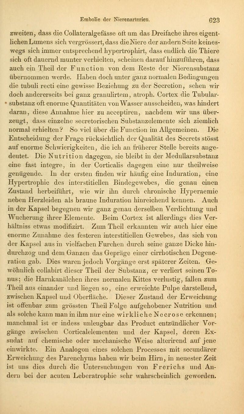 zweiten, dass die Collateralgefässe oft um das Dreifache ihres eigent- lichenLumens sieh vergrössert, dass dieNiere der andern Seite keines- wegs sich immer entsprechend hypertrophirt, dass endlich die Thiere sich oft dauernd munter verhielten, scheinen darauf hinzuführen, dass auch ein Theil der Function von dem Reste der Nierensubstanz übernommen werde. Haben doch unter ganz normalen Bedingungen die tubuli recti eine gewisse Beziehung zu der Secretion, sehen wir doch andererseits bei ganz granulirtem, atroph. Cortex die Tubular- • Substanz oft enorme Quantitäten von Wasser ausscheiden, was hindert daran, diese Annahme hier zu acceptiren, nachdem wir uns über- zeugt, dass einzelne secretorischen Substanzelemente sich ziemlich normal erhielten? So viel über die Function im Allgemeinen. Die Entscheidung der Frage rücksichtlich der Qualität des Secrets stösst auf enorme Schwierigkeiten, die ich an früherer Stelle bereits ange- deutet. Die Nutrition dagegen, sie bleibt in der Medullarsubstanz eine fast integre, in der Corticalis dagegen eine nur theilweise genügende. In der ersten finden wir häufig eine Induration, eine Hypertrophie des interstitiellen BindegCAvebes, die genau einen Zustand herbeiführt, wie wir ihn durch chronische Hyperaemie neben Herzleiden als braune Induration hinreichend kennen. Auch in der Kapsel begegnen wir ganz genau derselben Verdichtung und Wucherung ihrer Elemente. Beim Cortex ist allerdings dies Ver- hältniss etwas modifizh't. Zum Theil erkannten wir auch hier eine enorme Zunahme des festeren interstitiellen Gewebes, das sich von der Kapsel aus in vielfachen Furchen durch seine ganze Dicke hin- durchzog und dem Ganzen das Gepräge einer cirrhotischen Degene- ration gab. Dies waren jedoch Vorgänge erst späterer Zeiten. Ge- wöhnlich collabirt dieser Theil der Substanz, er verliert seinen To- nus; die Harnkanälchen ihres normalen Kittes verlustig, fallen zum Theil aus einander und liegen so, eine erweichte Pulpe darstellend, zwischen Kapsel und Oberfläche. Dieser Zustand der Erweichung ist ofi'enbar zum grössten Theil Folge aufgehobener Nutrition und als solche kann man in ihm nur eine wirkliche Necrose erkennen; manchmal ist er indess unleugbar das Product entzündKcher Vor- gänge zwischen Corticalelementen und der Kapsel, deren Ex- sudat auf chemische oder mechanische Weise alterirend auf jene einwirkte. Ein Analogen eines solchen Processes mit secundärer Erweichung des Parenchyms haben wir beim Hirn, in neuester Zeit ist uns dies durch die Untersuchungen von Frerichs und An- dern bei der acuten Leberatrophie sehr wahrscheinlich geworden.