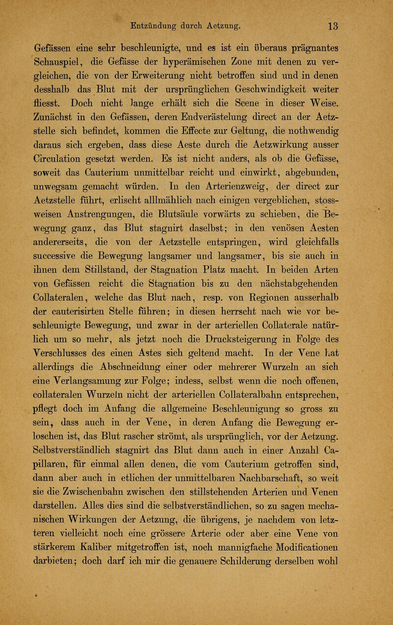 Gefässen eine sehr beschleunigte, und es ist ein überaus prägnantes Schauspiel, die Gefässe der hyperämischen Zone mit denen zu ver- gleichen, die von der Erweiterung nicht betroffen sind und in denen desshalb das Blut mit der ursprünglichen Geschwindigkeit weiter fliesst. Doch nicht lange erhält sich die Scene in dieser Weise. Zunächst in den Gefässen, deren Endverästelung direct an der Aetz- stelle sich befindet, kommen die Effecte zur Geltung, die nothwendig daraus sich ergeben, dass diese Aeste durch die AetzWirkung ausser Circulation gesetzt werden. Es ist nicht anders, als ob die Gefässe, soweit das Cauterium unmittelbar reicht und einwirkt, abgebunden, unwegsam gemacht würden. In den Arterienzweig, der direct zur Aetzstelle führt, erlischt alllmählich nach einigen vergeblichen, stoss- weisen Anstrengungen, die Blutsäule vorwärts zu schieben, die Be- wegung ganz, das Blut stagnirt daselbst; in den venösen Aesten andererseits, die von der Aetzstelle entspringen, wird gleichfalls successive die Bewegung langsamer und langsamer, bis sie auch in ihnen dem Stillstand, der Stagnation Platz macht. In beiden Arten von Gefässen reicht die Stagnation bis zu den nächstabgehenden Collateralen, welche das Blut nach, resp. von Regionen ausserhalb der cauterisirten Stelle führen; in diesen herrscht nach wie vor be- schleunigte Bewegung, und zwar in der arteriellen Collaterale natür- lich um so mehr, als jetzt noch die Drucksteigerung in Folge des Verschlusses des einen Astes sich geltend macht. In der Vene hat allerdings die Abschneidung einer oder mehrerer Wurzeln an sich eine Verlangsamung zur Folge; indess, selbst wenn die noch offenen, collateralen Wurzeln nicht der arteriellen Collateralbahn entsprechen, pflegt doch im Anfang die allgemeine Beschleunigung so gross zu sein, dass auch in der Vene, in deren Anfang die Bewegung er- loschen ist, das Blut rascher strömt, als ursprünglich, vor der Aetzung. Selbstverständlich stagnirt das Blut dann auch in einer Anzahl Ca- pillaren, für einmal allen denen, die vom Cauterium getroffen sind, dann aber auch in etlichen der unmittelbaren Nachbarschaft, so weit sie die Zwischenbahn zwischen den stillstehenden Arterien und Venen darstellen. Alles dies sind die selbstverständlichen, so zu sagen mecha- nischen Wirkungen der Aetzung, die übrigens, je nachdem von letz- teren vielleicht noch eine grössere Arterie oder aber eine Vene von stärkerem Kaliber mitgetroffen ist, noch mannigfache Modificationen darbieten; doch darf ich mir die genauere Schilderung derselben wohl