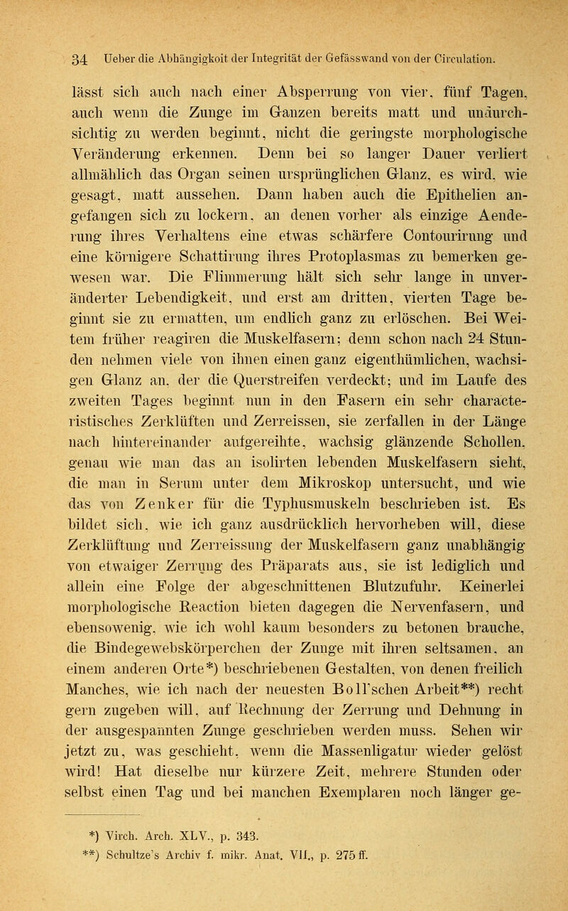 lässt sich auch nach einer Absperrung von vier, fünf Tagen, auch wenn die Zunge im Ganzen bereits matt und undurch- sichtig zu werden beginnt, nicht die geringste morphologische Veränderung erkennen. Denn bei so langer Dauer verliert allmählich das Organ seinen ursprünglichen Glanz, es wird, wie gesagt, matt aussehen. Dann haben auch die Epithelien an- gefangen sich zu lockern, an denen vorher als einzige Aende- rung ihres Verhaltens eine etwas schärfere Contourirung und eine körnigere Schattirung ihres Protoplasmas zu bemerken ge- wesen war. Die Flimmerung hält sich sehr lange in unver- änderter Lebendigkeit, und erst am dritten, vierten Tage be- ginnt sie zu ermatten, um endlich ganz zu erlöschen. Bei Wei- tem früher reagiren die Muskelfasern; denn schon nach 24 Stun- den nehmen viele von ihnen einen ganz eigenthümlichen, wachsi- gen Glanz an. der die Querstreifen verdeckt; und im Laufe des zweiten Tages beginnt nun in den Fasern ein sehr characte- ristisches Zerklüften und Zerreissen, sie zerfallen in der Länge nach hintereinander aufgereihte, wachsig glänzende Schollen, genau wie man das an isolirten lebenden Muskelfasern sieht, die man in Serum unter dem Mikroskop untersucht, und wie das von Zenker für die Typhusmuskeln beschrieben ist. Es bildet sich, wie ich ganz ausdrücklich hervorheben will, diese Zerklüftung und Zerreissung der Muskelfasern ganz unabhängig von etwaiger Zerrung des Präparats aus, sie ist lediglich und allein eine Folge der abgeschnittenen Blutzufuhr. Keinerlei morphologische Reaction bieten dagegen die Nervenfasern, und ebensowenig, wie ich wohl kaum besonders zu betonen brauche, die Bindegewebskörperchen der Zunge mit ihren seltsamen, an einem anderen Orte*) beschriebenen Gestalten, von denen freilich Manches, wie ich nach der neuesten Boirschen Arbeit**) recht gern zugeben will, auf 'Rechnung der Zerrung und Dehnung in der ausgespannten Zunge geschrieben werden muss. Sehen wir jetzt zu, was geschieht, wenn die Massenligatur wieder gelöst wird! Hat dieselbe nur kürzere Zeit, mehrere Stunden oder selbst einen Tag und bei manchen Exemplaren noch länger ge- *) Virch. Arch. XLV., p. 343. **) Schultze's Archiv f. mikr. Anat. VII., p. 275 ff.