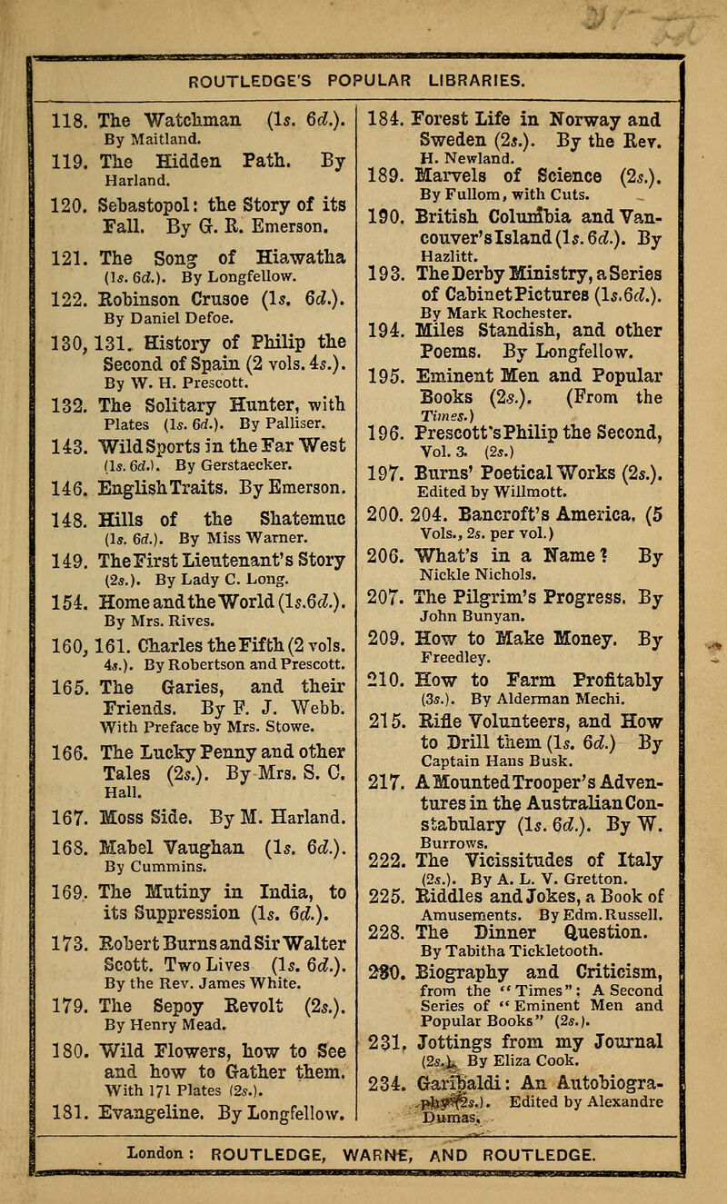 118. The Watchman (Is. 6d.). By Maitland. 119. The Hidden Path. By Harland. 120. Sehastopol: the Story of its Fall. By Gr. R. Emerson. 121. The Song of Hiawatha (Is. 6d.). By Longfellow. 122. Robinson Crusoe (Is. 6d.). By Daniel Defoe. 130,131. History of Philip the Second of Spain (2 vols. is.). By W. H. Prescott. 132. The Solitary Hunter, with Plates (Is. 6d.). By Palliser. 143. Wild Sports in the Par West (Is. 6d.). By Gerstaecker. 146. English Traits. By Emerson. 148. Hills of the Shatemuc (Is. 6d.). By Miss Warner. 149. ThePirst Lieutenant's Story (2s.). By Lady C. Long. 154. Home and the World (IsM.). By Mrs. Rives. 160,161. Charles the Fifth (2 vols. 4*.). By Robertson and Prescott. 165. The Garies, and their Friends. By F. J. Webb. With Preface by Mrs. Stowe. 166. The Lucky Penny and other Tales (2s.). By Mrs. S. C. Hall. 167. Moss Side. By M. Harland. 168. Mabel Vaughan (Is. Qd.). By Cummins. 169.. The Mutiny in India, to its Suppression (Is. 6d.). 173. Robert Burns and Sir Walter Scott. Two Lives (Is. 6d.). By the Rev. James White. 179. The Sepoy Revolt (2s.). By Henry Mead. 180. Wild Flowers, how to See and how to Gather them. With 171 Plates (2s.). 181. Evangeline. By Longfellow. 184. Forest Life in Norway and Sweden (2s.). By the Rev. H. Newland. 189. Marvels of Science (2s.). By Fullom, with Cuts. 190. British Colunfbia and Van- couver's Island (Is. 6d.). By Hazlitt. 193. The Derby Ministry, a Series of Cabinet Pictures (ls.6<£). By Mark Rochester. 194. Miles Standish, and other Poems. By Longfellow. 195. Eminent Men and Popular Books (25.). (From the Times.) 196. Prescott'sPhilip the Second, Vol. 3. (2*.) 197. Burns' Poetical Works (2s.). Edited by Willmott. 200. 204. Bancroft's America. (5 Vols., 2s. per vol.) 206. What's in a Name? By Nickle Nichols. 207. The Pilgrim's Progress. By John Bunyan. 209. How to Make Money. By Freedley. 210. How to Farm Profitably (35.). By Alderman Mechi. 215. Rifle Volunteers, and How to Brill them (Is. 6d.) By Captain Hans Busk. 217. A Mounted Trooper's Adven- tures in the Australian Con- stabulary (ls.6d.). ByW. Burrows. 222. The Vicissitudes of Italy (2s.). By A. L. V. Gretton. 225. Riddles and Jokes, a Book of Amusements. By Edm. Russell. 228. The Dinner Question. By Tabitha Tickletooth. 280. Biography and Criticism, from the Times: A Second Series of  Eminent Men and Popular Books (2s.). 231. Jottings from my Journal (2s.}fc By Eliza Cook. 234. Garibaldi: An Autobiogra- -phjjs^}*.). Edited by Alexandre Dumas, .