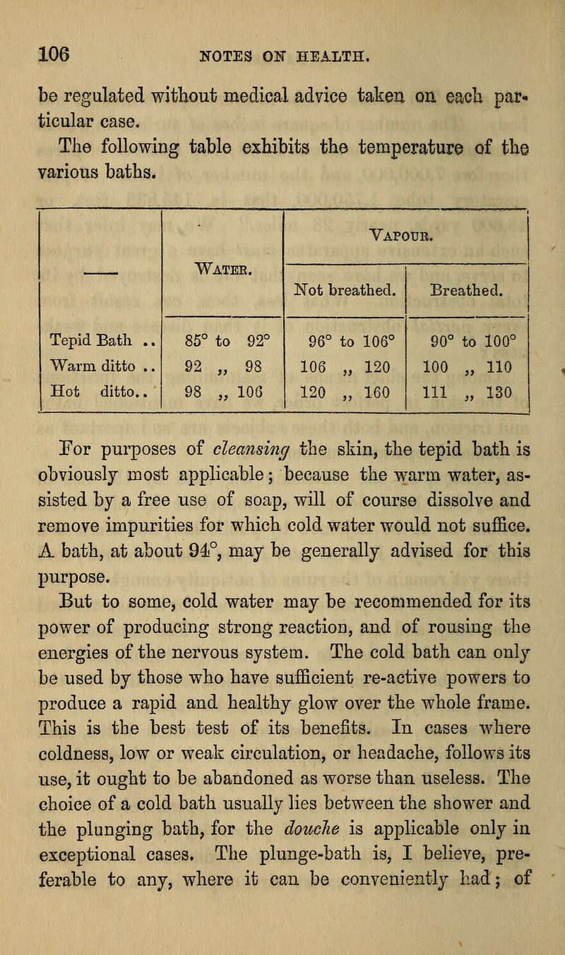 be regulated without medical advice taken oil each par- ticular case. The following table exhibits the temperature of the various baths. Tepid Bath .. Warm ditto .. Hot ditto.. Watee. Vapoue. ! Not breathed. Breathed. 85° to 92° 92 „ 98 98 „ 106 96° to 106° 106 „ 120 120 „ 160 90° to 100° 100 „ 110 111 „ 130 For purposes of cleansing the skin, the tepid bath is obviously most applicable; because the warm water, as- sisted by a free use of soap, will of course dissolve and remove impurities for which cold water would not suffice. A bath, at about 94i°, may be generally advised for this purpose. But to some, cold water may be recommended for its power of producing strong reaction, and of rousing the energies of the nervous system. The cold bath can only be used by those who have sufficient re-active powers to produce a rapid and healthy glow over the whole frame. This is the best test of its benefits. In cases where coldness, low or weak circulation, or headache, follows its use, it ought to be abandoned as worse than useless. The choice of a cold bath usually lies between the shower and the plunging bath, for the douche is applicable only in exceptional cases. The plunge-bath is, I believe, pre- ferable to any, where it can be conveniently had; of