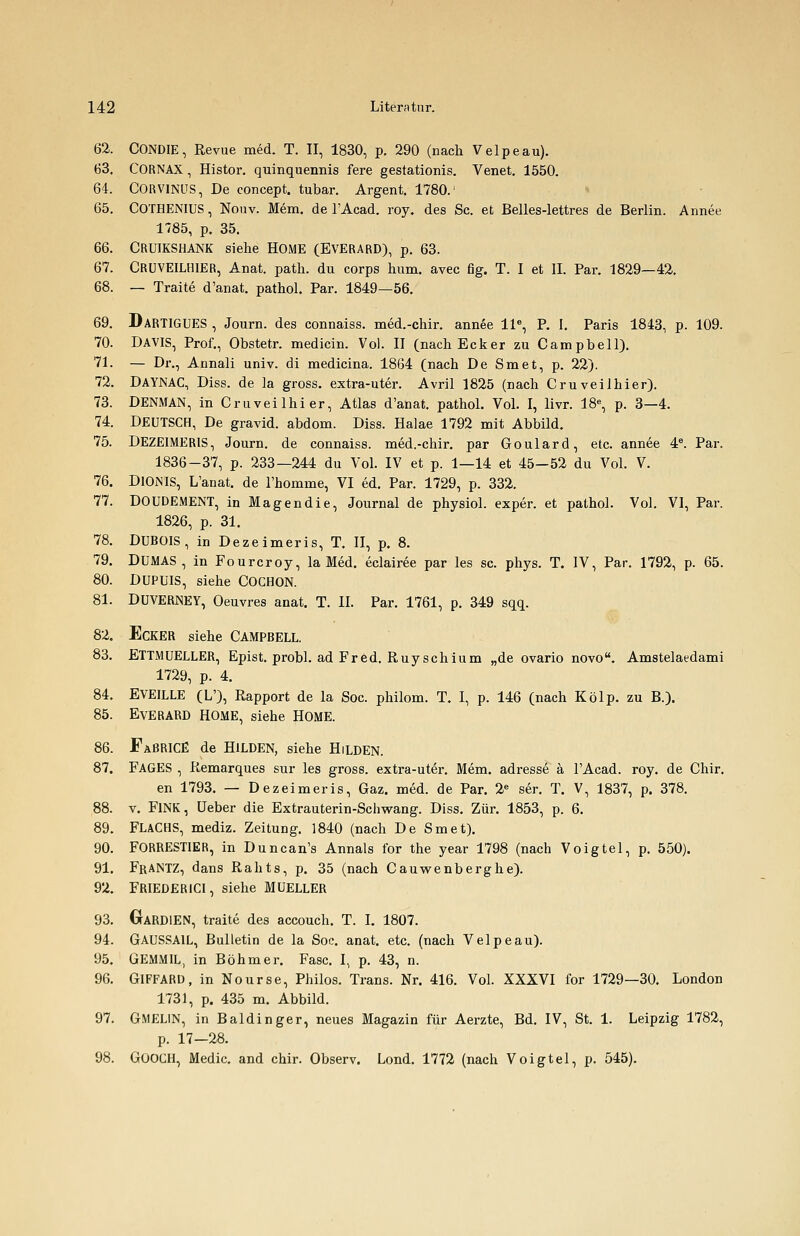 62. CONDIE, Revue med. T. II, 1830, p. 290 (nach Velpeau). 63. CORNAX, Histor. quinquennis fere gestationis. Venet. 1550. 64. CORVINUS, De concept. tubar. Argent. 1780.' 65. COTHENIUS, Nouv. Mem. de l'Acad. roy. des Sc. et Belles-lettres de Berlin. Annee 1785, p. 35. 66. CRUIKSHANK siehe HOME (EVERARD), p. 63. 67. CRUVEILMER, Anat. path. du corps hum. avec fig. T. I et II. Par. 1829—42. 68. — Traite d'anat. pathol. Par. 1849—56. 69. DARTIGUES , Journ. des connaiss. med.-chir. annee lle, P. I. Paris 1843, p. 109. 70. DAVIS, Prof., Obstetr. medicin. Vol. II (nach Ecker zu Campbell). 71. — Dr., Annali univ. di medicina. 1864 (nach De Smet, p. 22). 72. DAYNAC, Diss. de la gross, extra-uter. Avril 1825 (nach Cruveilhier). 73. DENMAN, in Cruveilhier, Atlas d'anat. pathol. Vol. I, livr. 18e, p. 3—4. 74. DEUTSCH, De gravid, abdom. Diss. Halae 1792 mit Abbild. 75. DEZEIMERIS, Journ. de connaiss. med.-chir. par Goulard, etc. annee 4e. Par. 1836-37, p. 233—244 du Vol. IV et p. 1—14 et 45-52 du Vol. V. 76. DIONIS, L'anat. de l'homme, VI ed. Par. 1729, p. 332. 77. DOUDEMENT, in Magendie, Journal de physiol. exper. et pathol. Vol. VI, Par. 1826, p. 31. 78. DUBOIS, in Dezeimeris, T. II, p. 8. 79. DUMAS, in Fourcroy, la Med. eclairee par les sc. phys. T. IV, Par. 1792, p. 65. 80. DUPUIS, siehe COCHON. 81. DUVERNEY, Oeuvres anat. T. II. Par. 1761, p. 349 sqq. 82. Ecker siehe Campbell. 83. ETTMUELLER, Epist. probl. ad Fred. Ruyschium „de ovario novo. Amstelaedami 1729, p. 4. 84. EVEILLE (L'), Rapport de la Soc. philom. T. I, p. 146 (nach Kölp. zu B.). 85. EvERARD HOME, siehe HOME. 86. FaBRICE de HILDEN, siehe Hilden. 87. FAGES , Remarques sur les gross, extra-uter. Mem. adresse ä TAcad. roy. de Chir. en 1793. — Dezeimeris, Gaz. med. de Par. 2e ser. T. V, 1837, p. 378. 88. v. FINK, üeber die Extrauterin-Schwang. Diss. Zur. 1853, p. 6. 89. FLACHS, mediz. Zeitung. 1840 (nach De Smet). 90. FORRESTIER, in Duncan's Annais for the year 1798 (nach Voigtel, p. 550). 91. FraNTZ, dans Rahts, p. 35 (nach Cauwenberghe). 92. FRIEDERICI, siehe MUELLER 93. GaRDIEN, traite des accouch. T. I. 1807. 94. GAUSSA1L, Bulletin de la Soc. anat. etc. (nach Velpeau). 95. GEMM1L, in Böhmer. Fase. I, p. 43, n. 96. GIFFARD, in Nourse, Philos. Trans. Nr. 416. Vol. XXXVI for 1729—30. London 1731, p. 435 m. Abbild. 97. G.MELIN, in Baidinger, neues Magazin für Aerzte, Bd. IV, St. 1. Leipzig 1782, p. 17—28. 98. GOOCH, Media and chir. Observ. Lond. 1772 (nach Voigtel, p. 545).